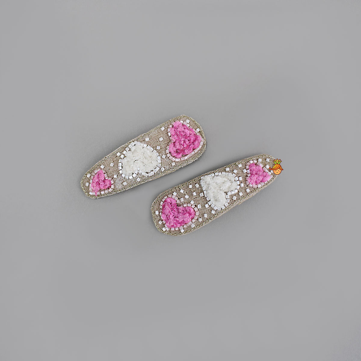 Pink White Heart Embroidered Hair Clips