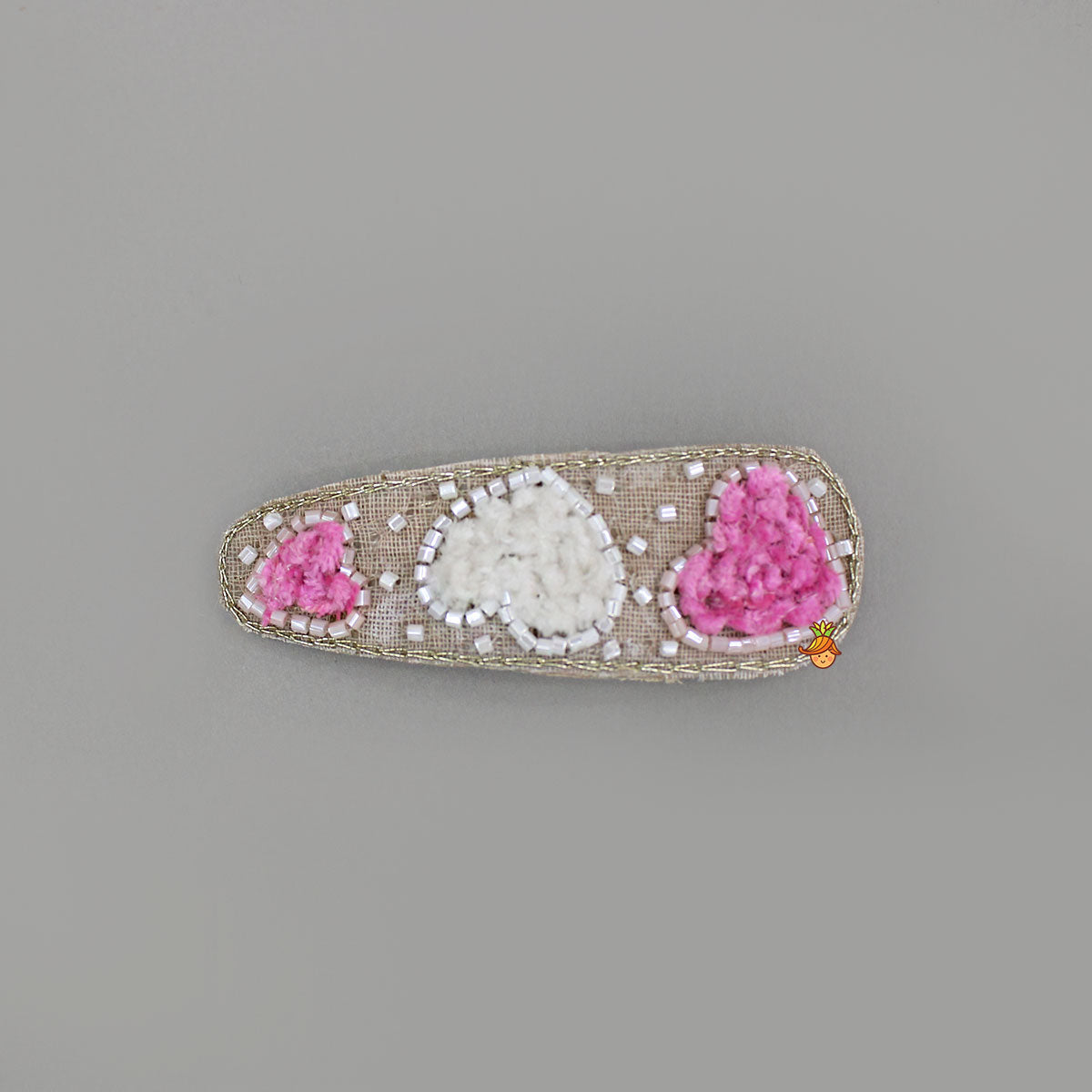 Pink White Heart Embroidered Hair Clips