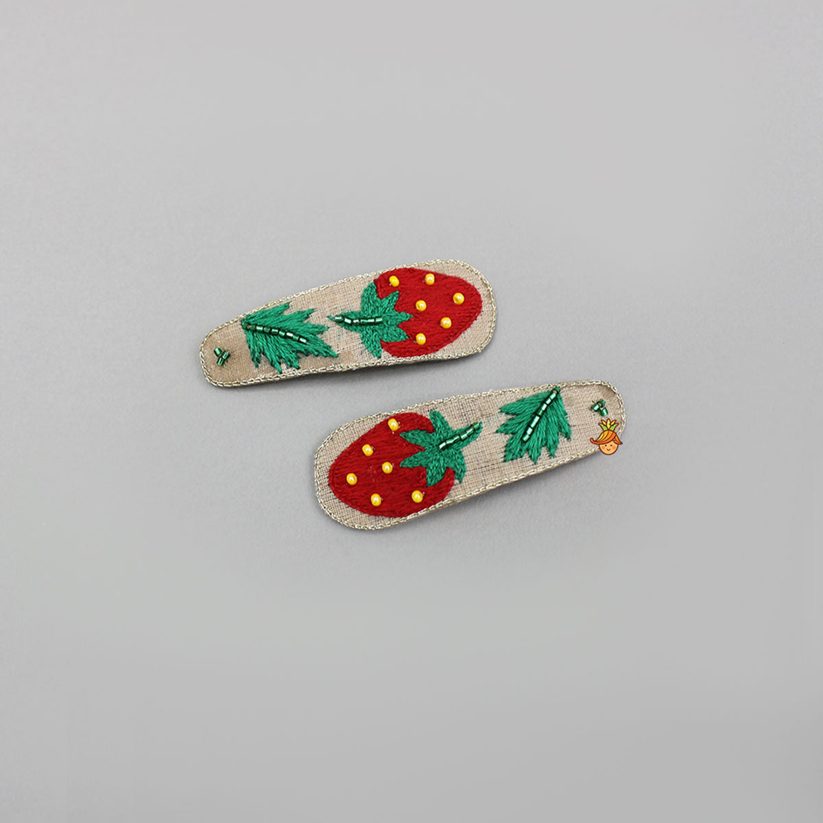 Hand Embroidered Strawberry Hair Clips