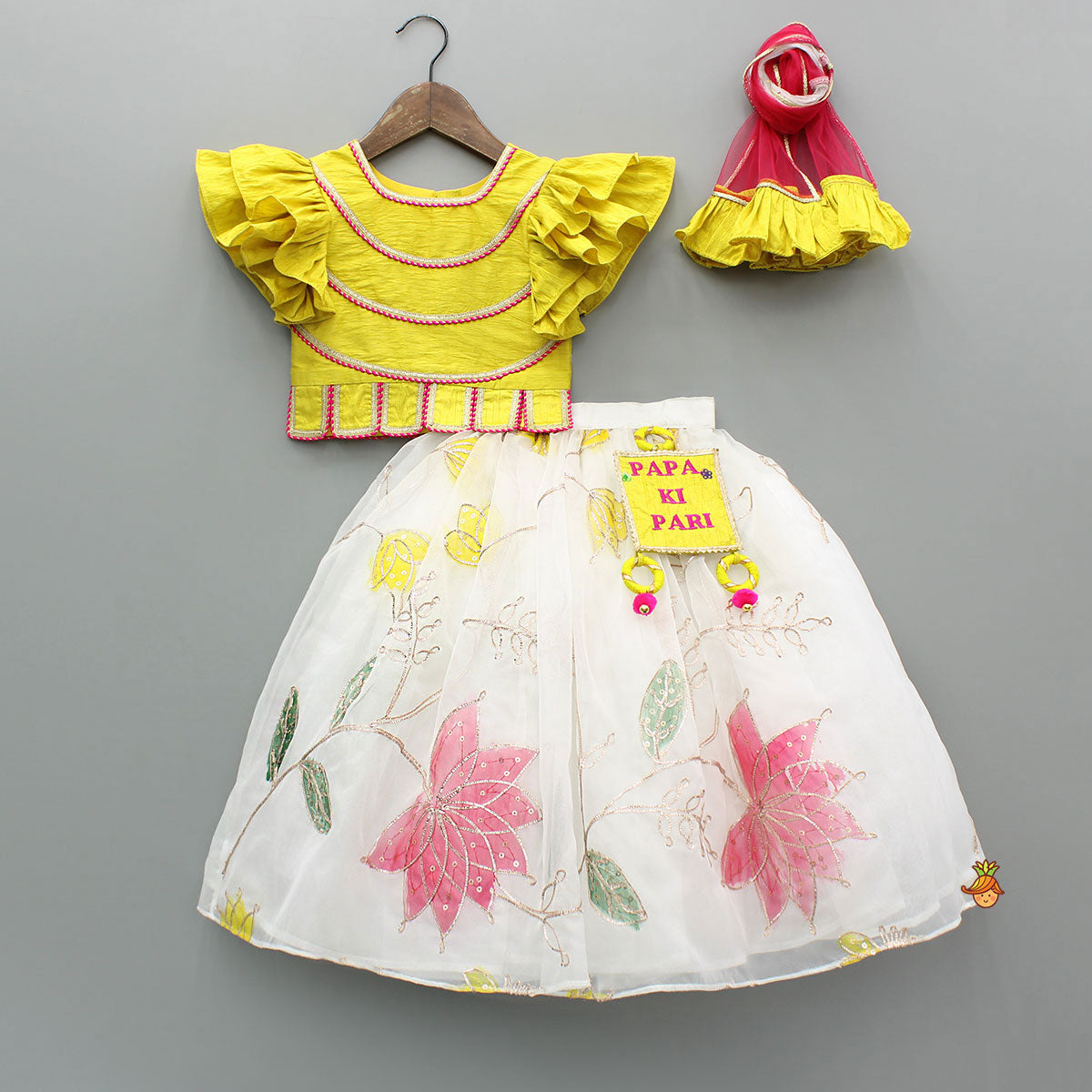 Pre Order: Yellow Lace Detailed Top And Lehenga With Dupatta