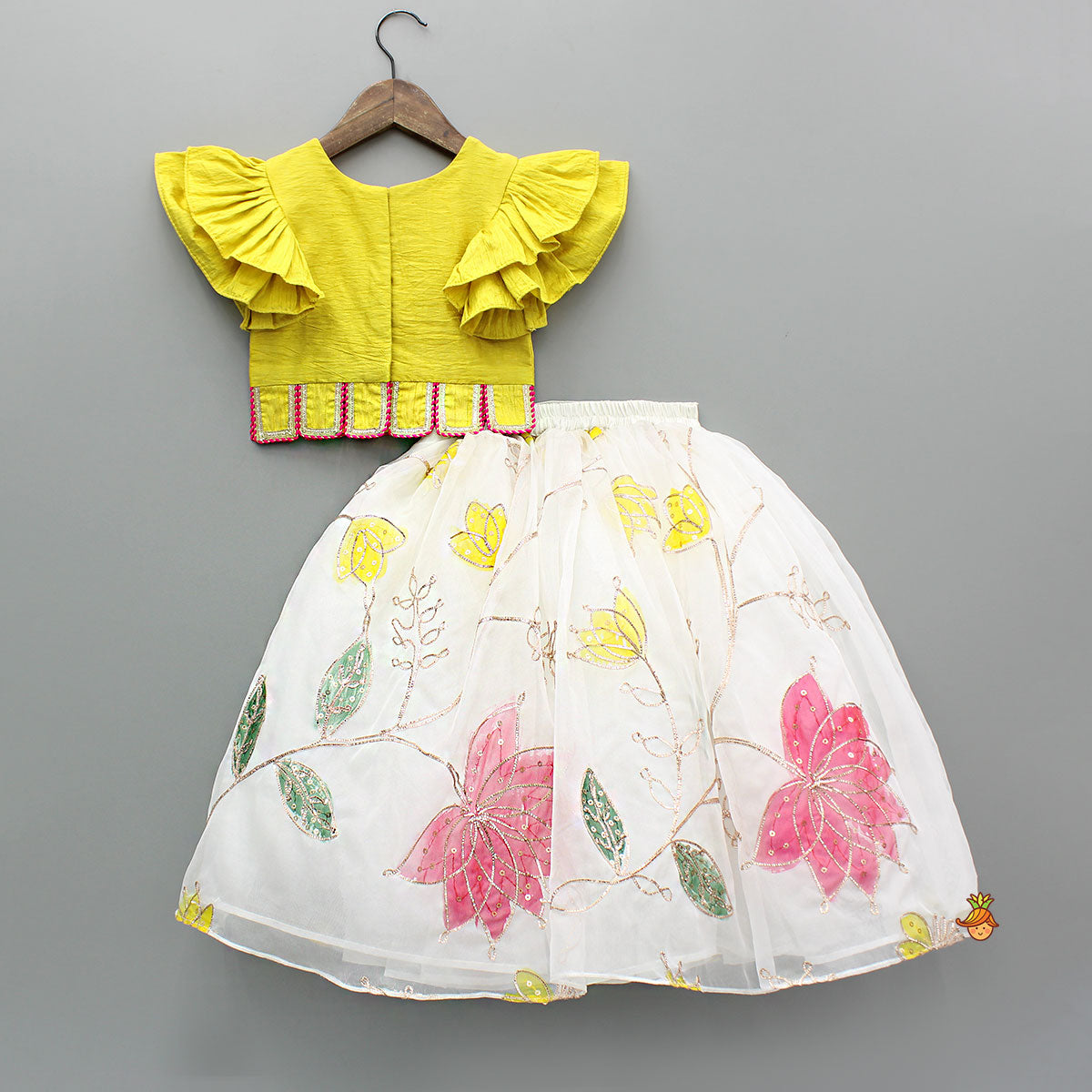 Pre Order: Yellow Lace Detailed Top And Lehenga With Dupatta