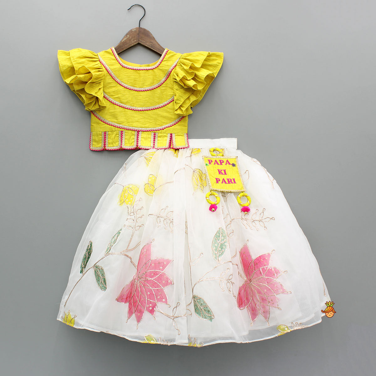 Pre Order: Yellow Lace Detailed Top And Lehenga With Dupatta