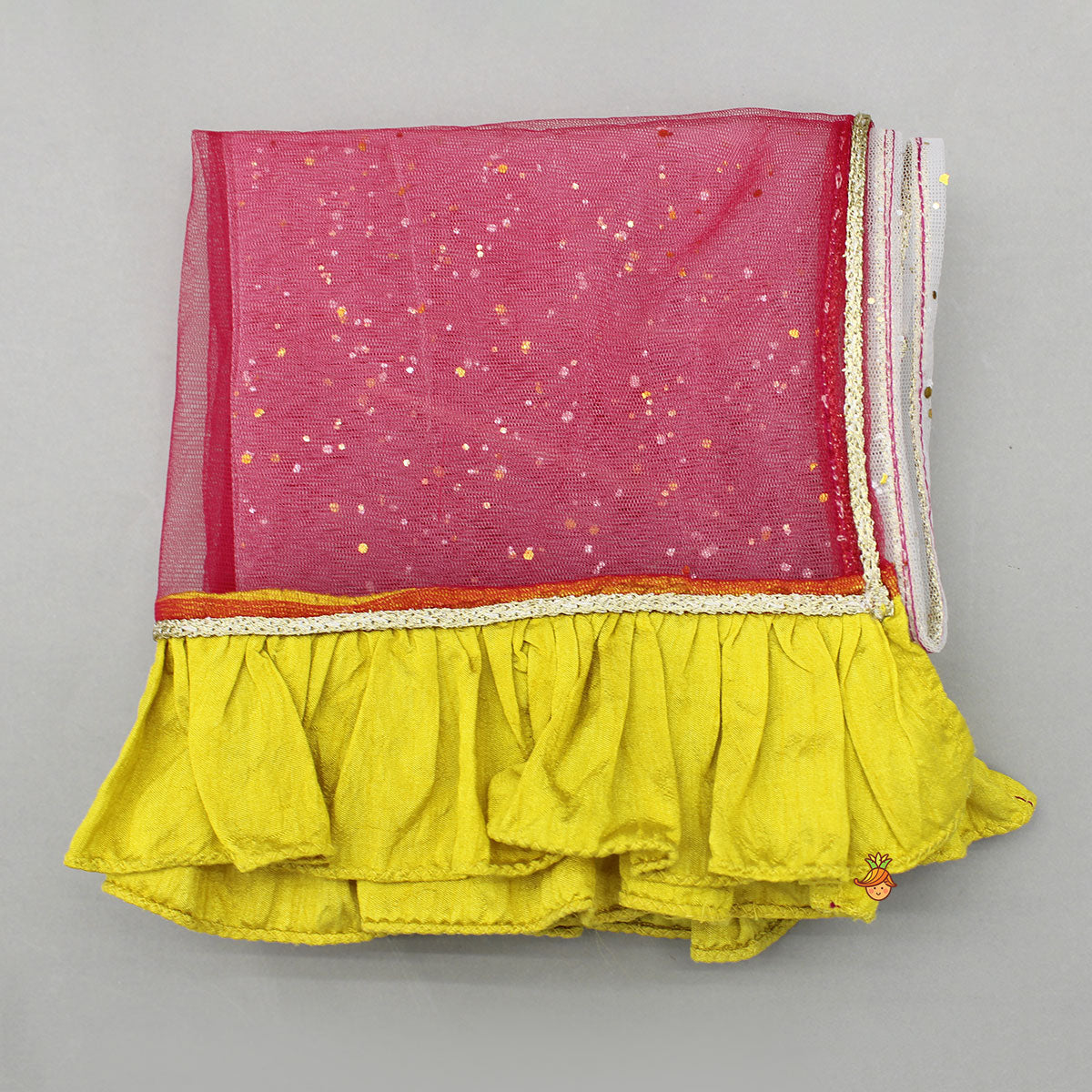 Pre Order: Yellow Lace Detailed Top And Lehenga With Dupatta