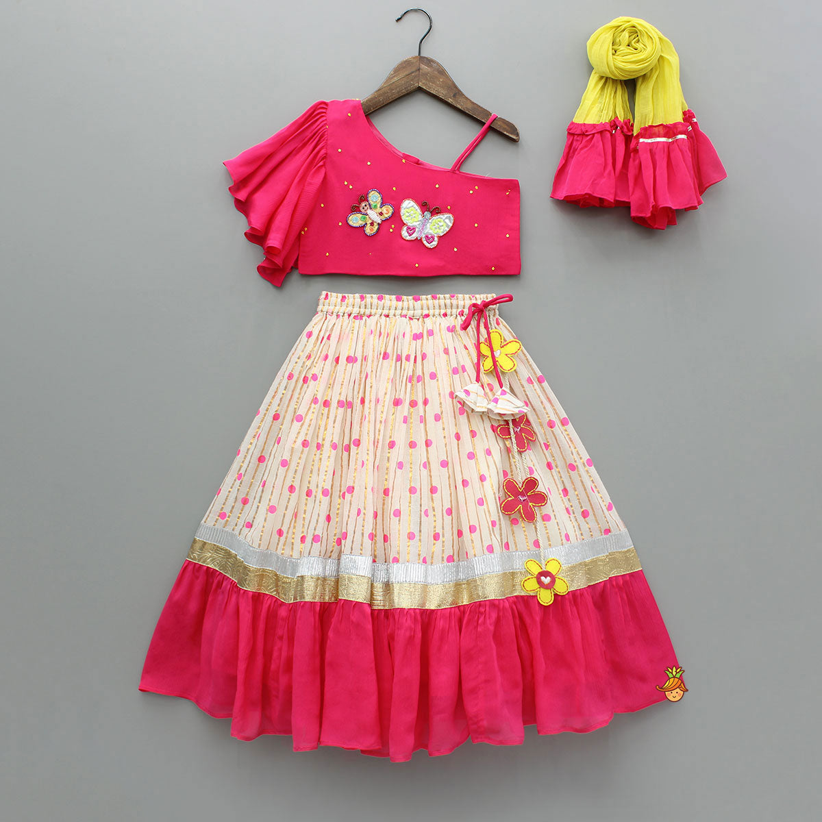 Pre Order: Pink Embroidered One Shoulder Top And Lehenga With Dupatta