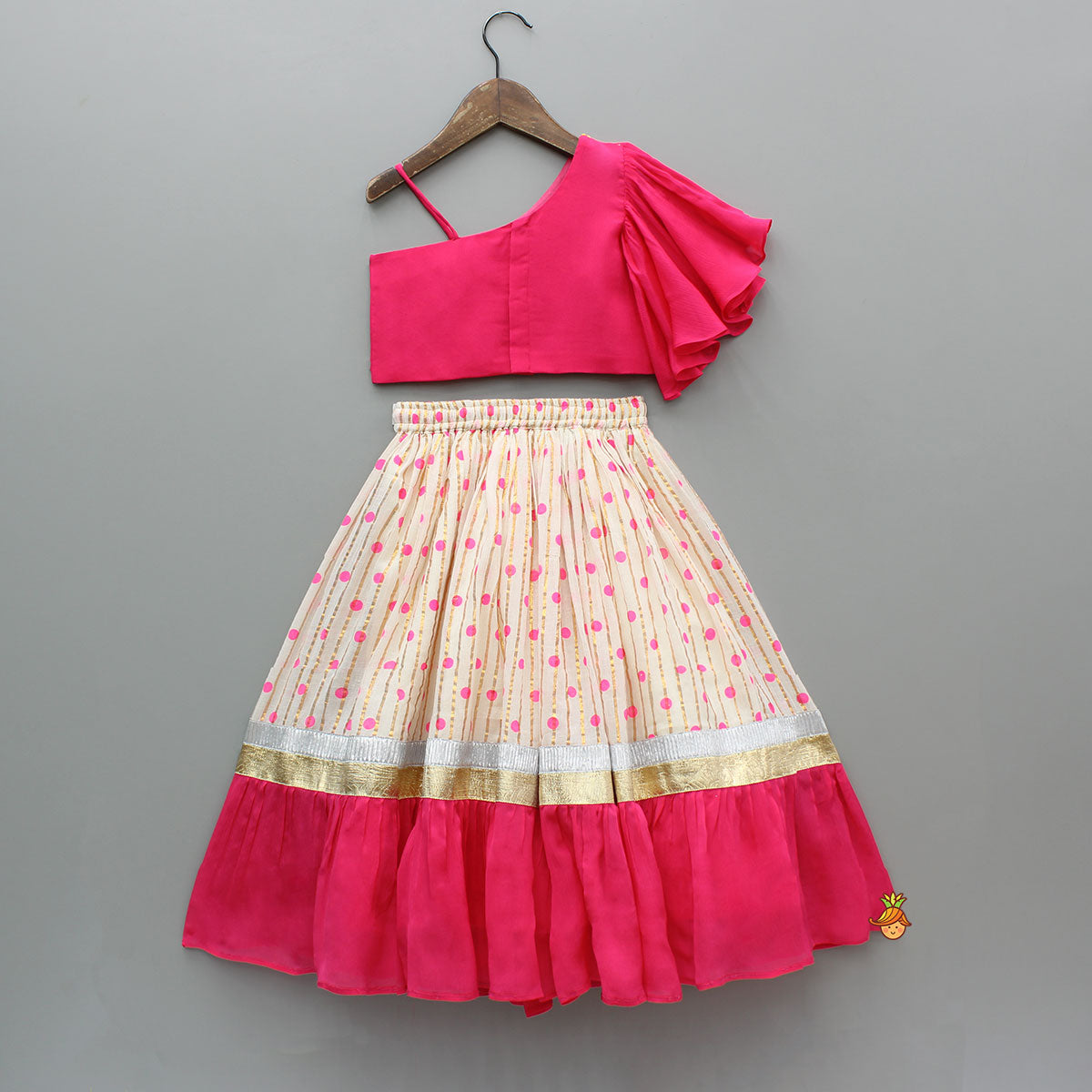 Pre Order: Pink Embroidered One Shoulder Top And Lehenga With Dupatta