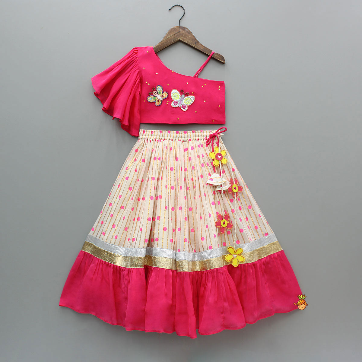 Pre Order: Pink Embroidered One Shoulder Top And Lehenga With Dupatta