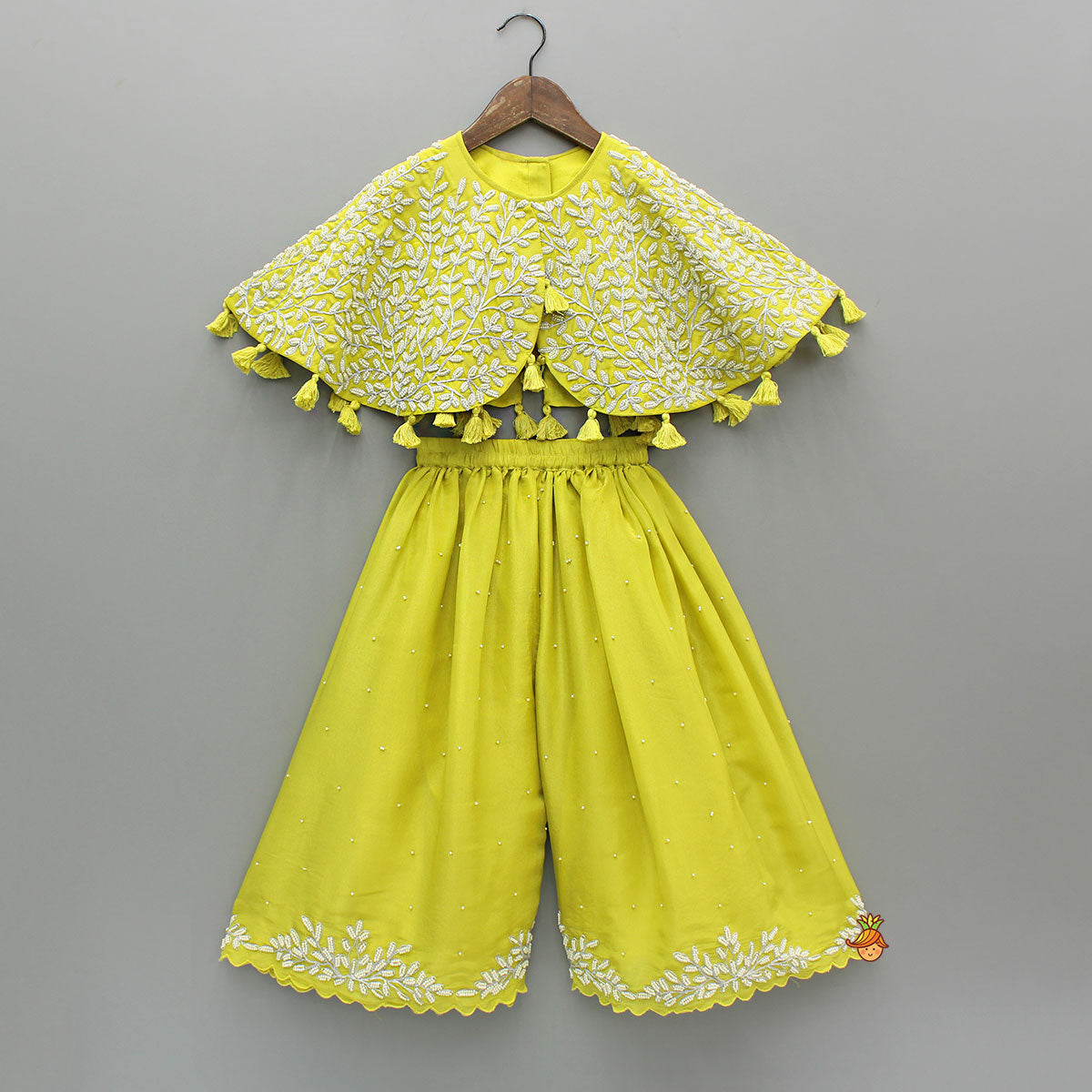 Pre Order: Green Embroidered And Embellished Cape Attached Top With Flared Palazzo