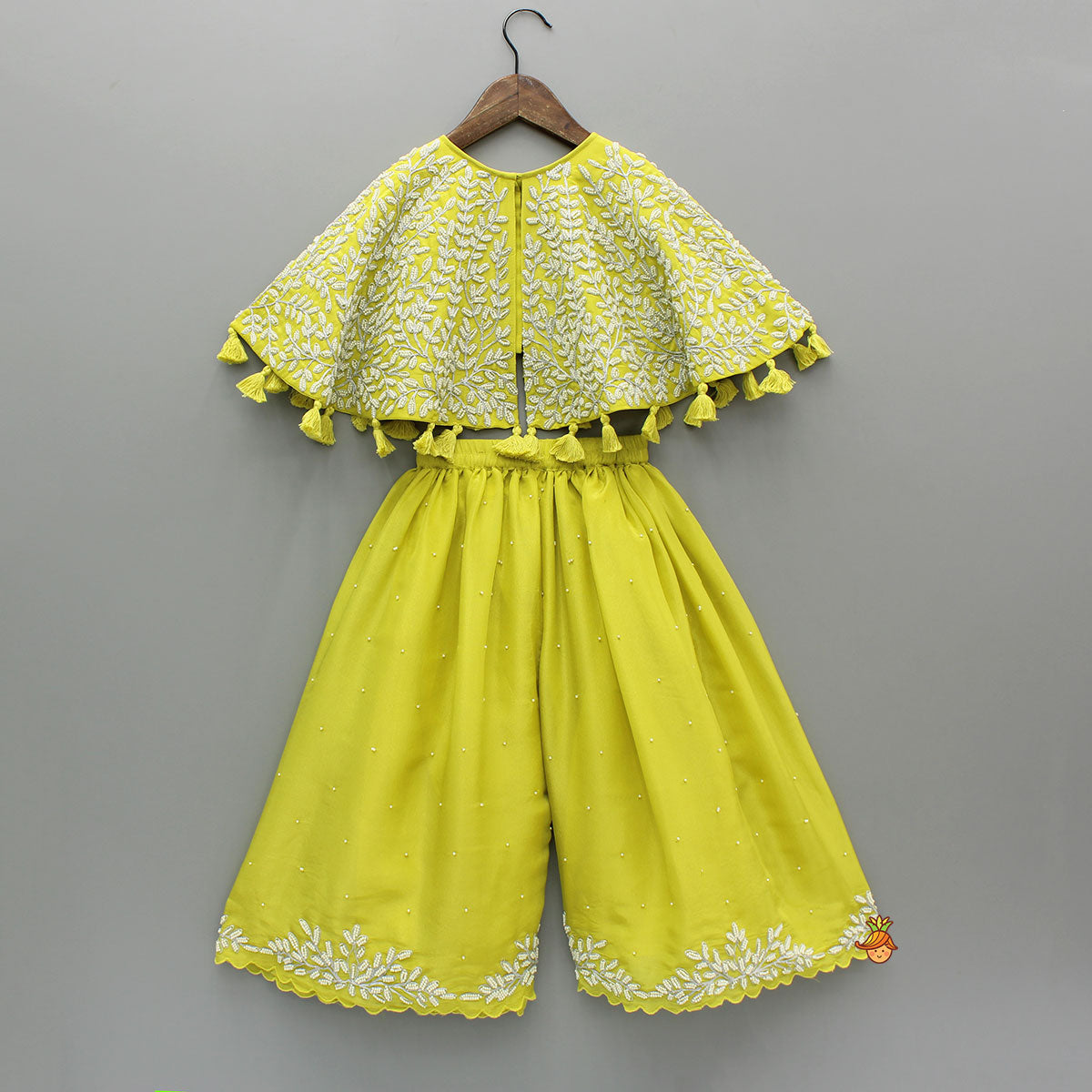 Pre Order: Green Embroidered And Embellished Cape Attached Top With Flared Palazzo
