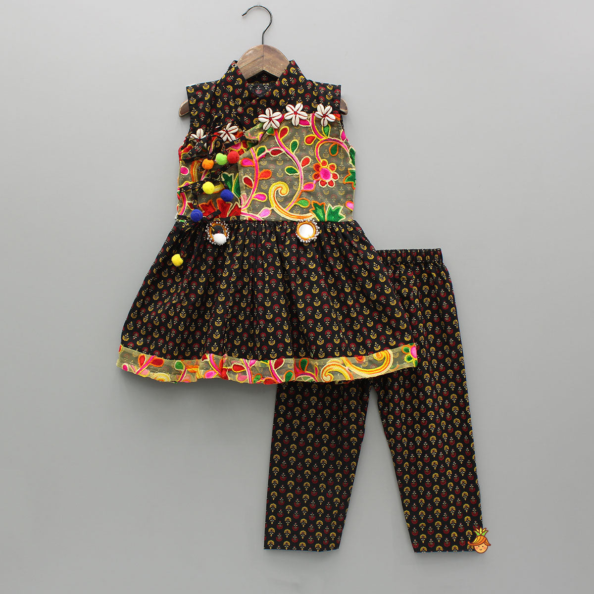 Pre Order: Black Multicolour Printed Angarkha Style Kurta And Pyjama