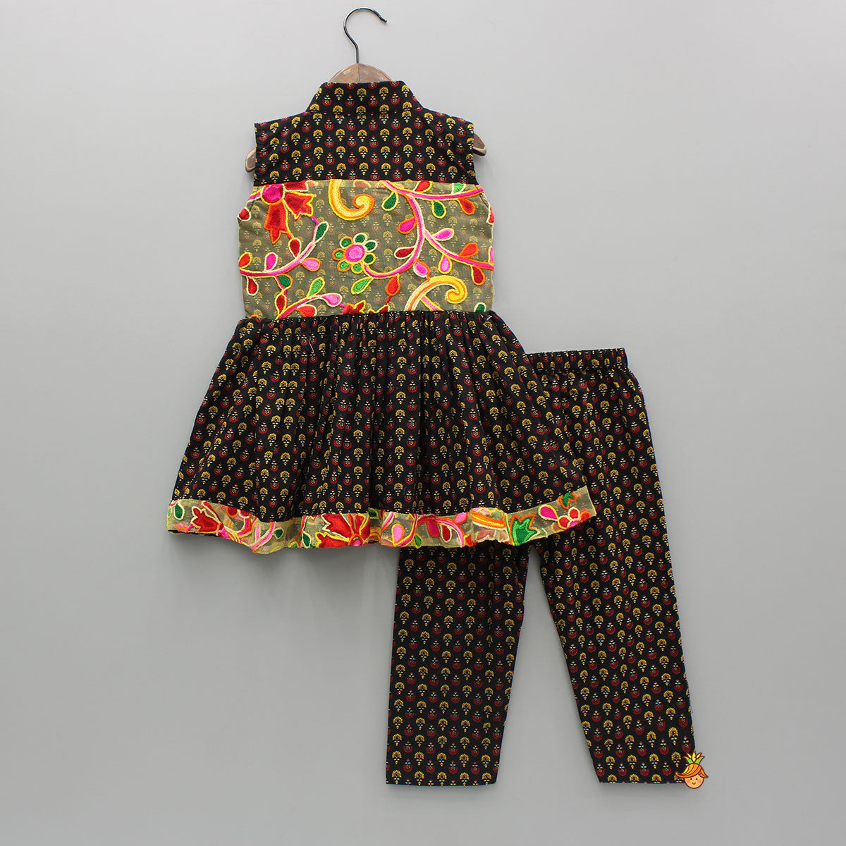 Pre Order: Black Multicolour Printed Angarkha Style Kurta And Pyjama