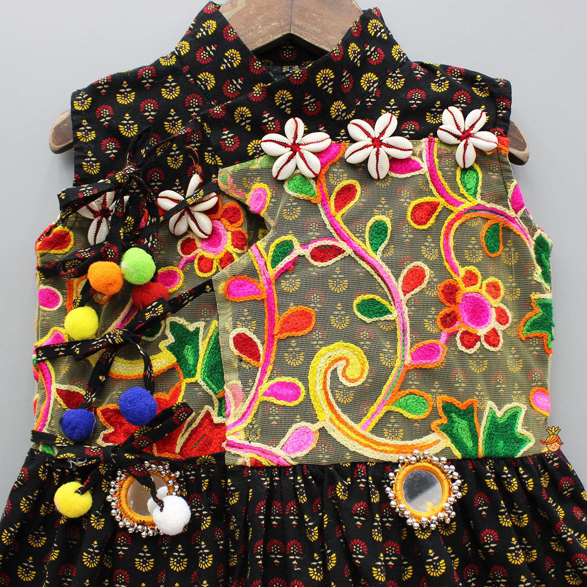 Pre Order: Black Multicolour Printed Angarkha Style Kurta And Pyjama