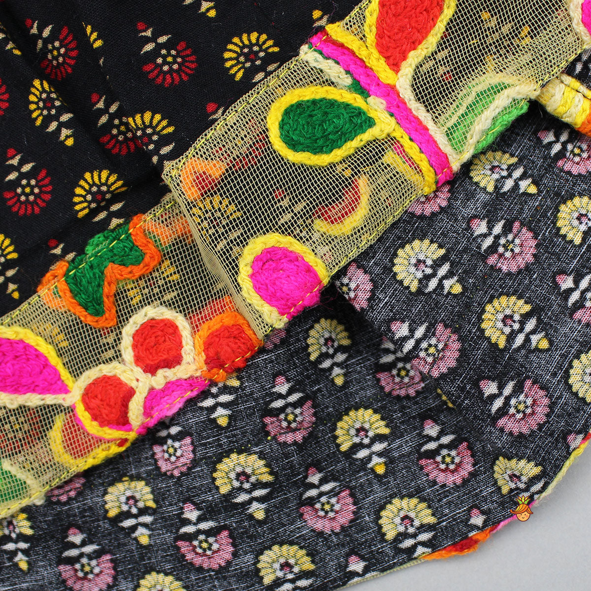 Pre Order: Black Multicolour Printed Angarkha Style Kurta And Pyjama