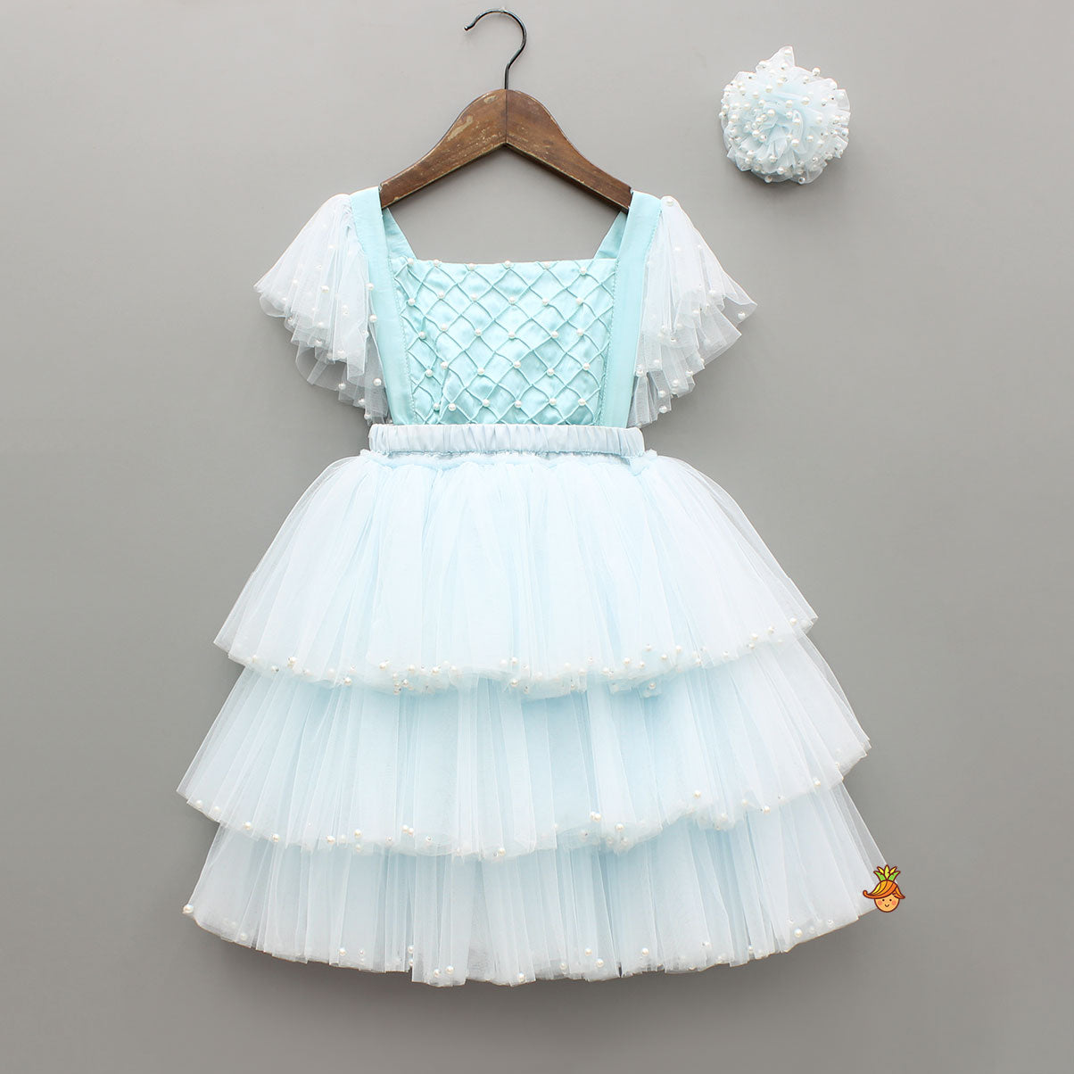 Pre Order: Blue Embellished Strappy Back Tie Up Frilly Layered Dress And Matching Hairclip