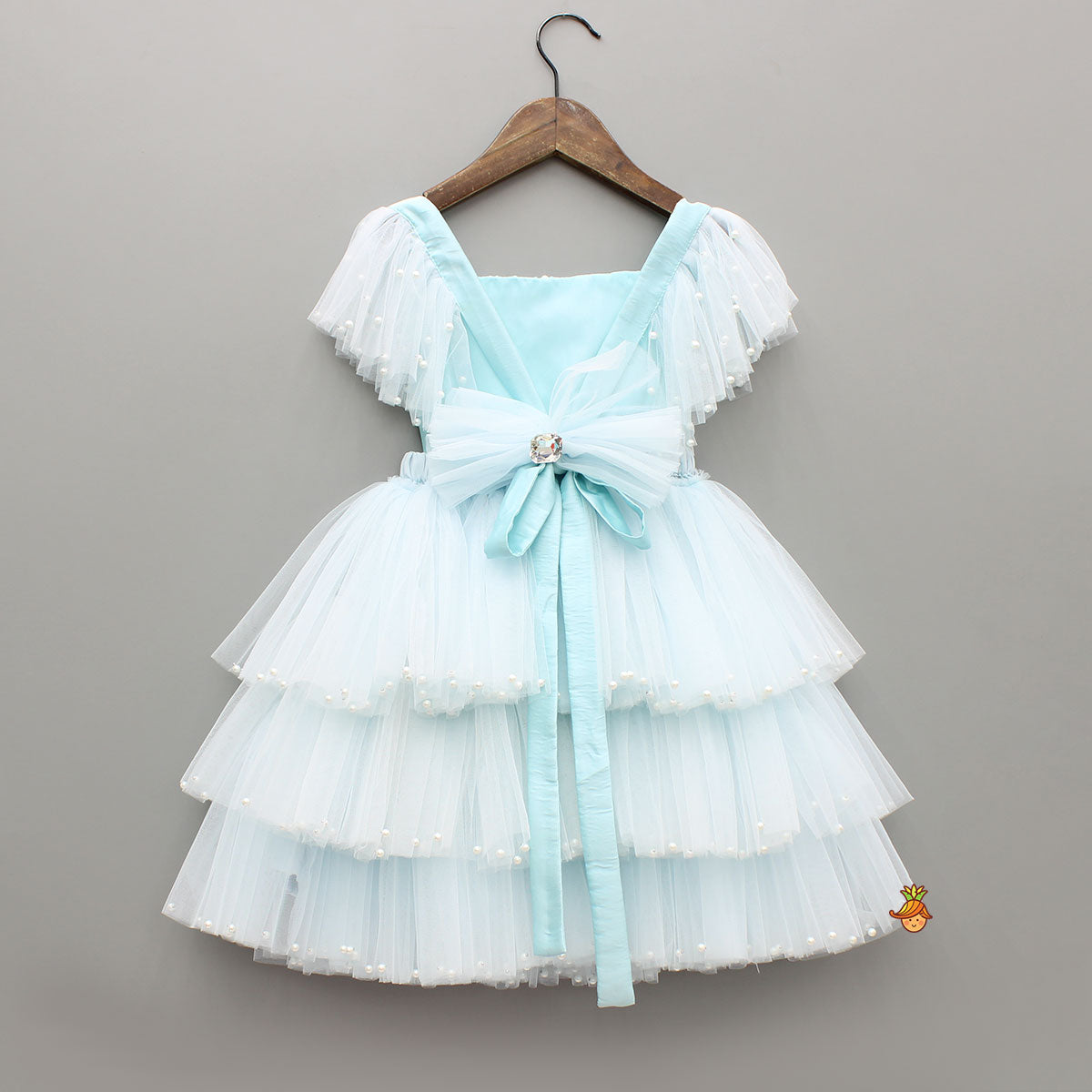 Pre Order: Blue Embellished Strappy Back Tie Up Frilly Layered Dress And Matching Hairclip