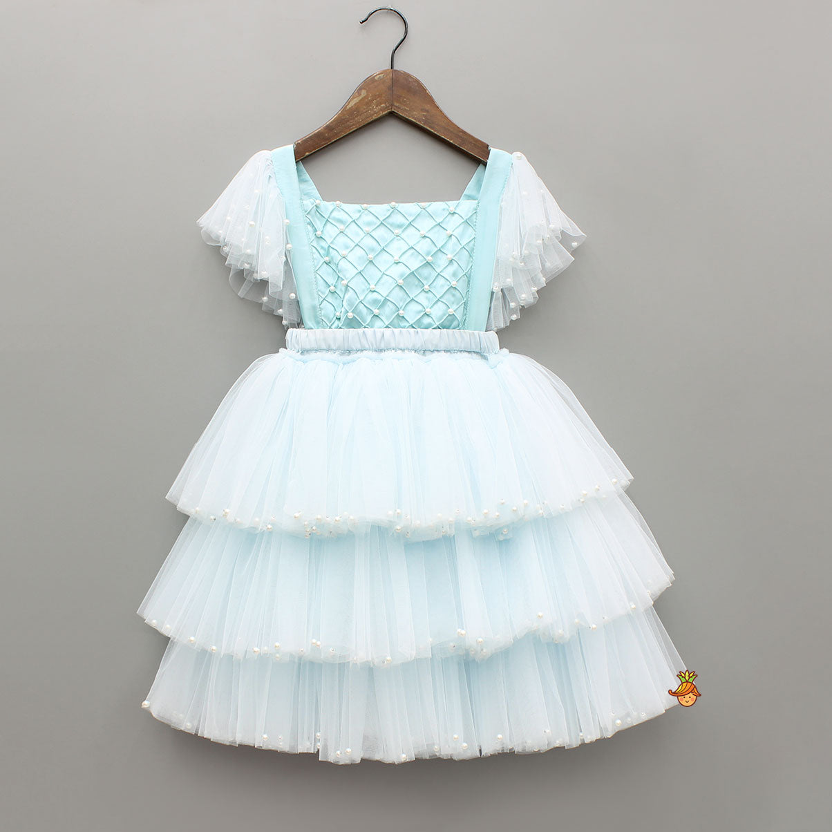 Pre Order: Blue Embellished Strappy Back Tie Up Frilly Layered Dress And Matching Hairclip