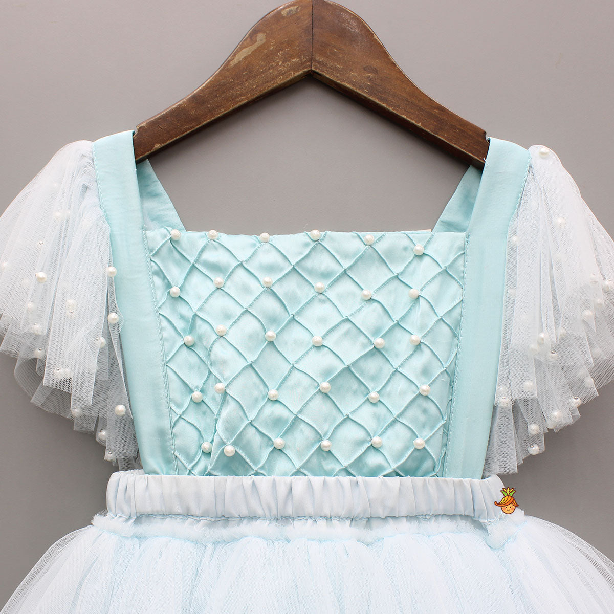 Pre Order: Blue Embellished Strappy Back Tie Up Frilly Layered Dress And Matching Hairclip