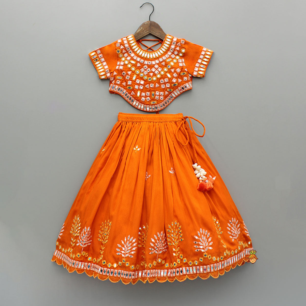 Pre Order: Orange Faux Mirror Embroidered Top And Lehenga