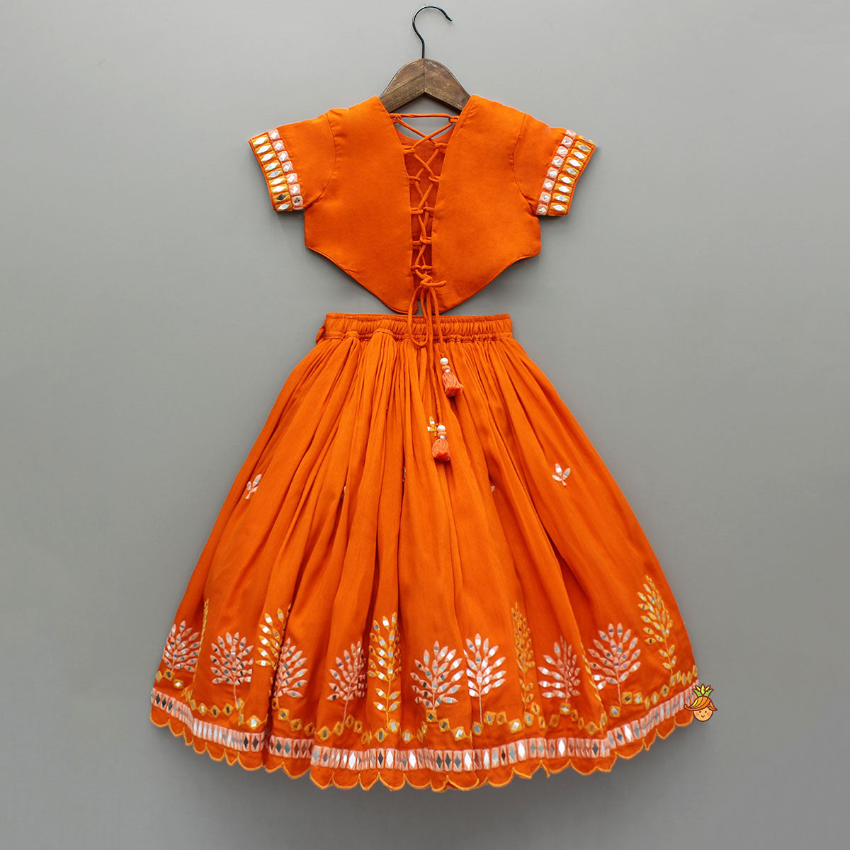 Pre Order: Orange Faux Mirror Embroidered Top And Lehenga