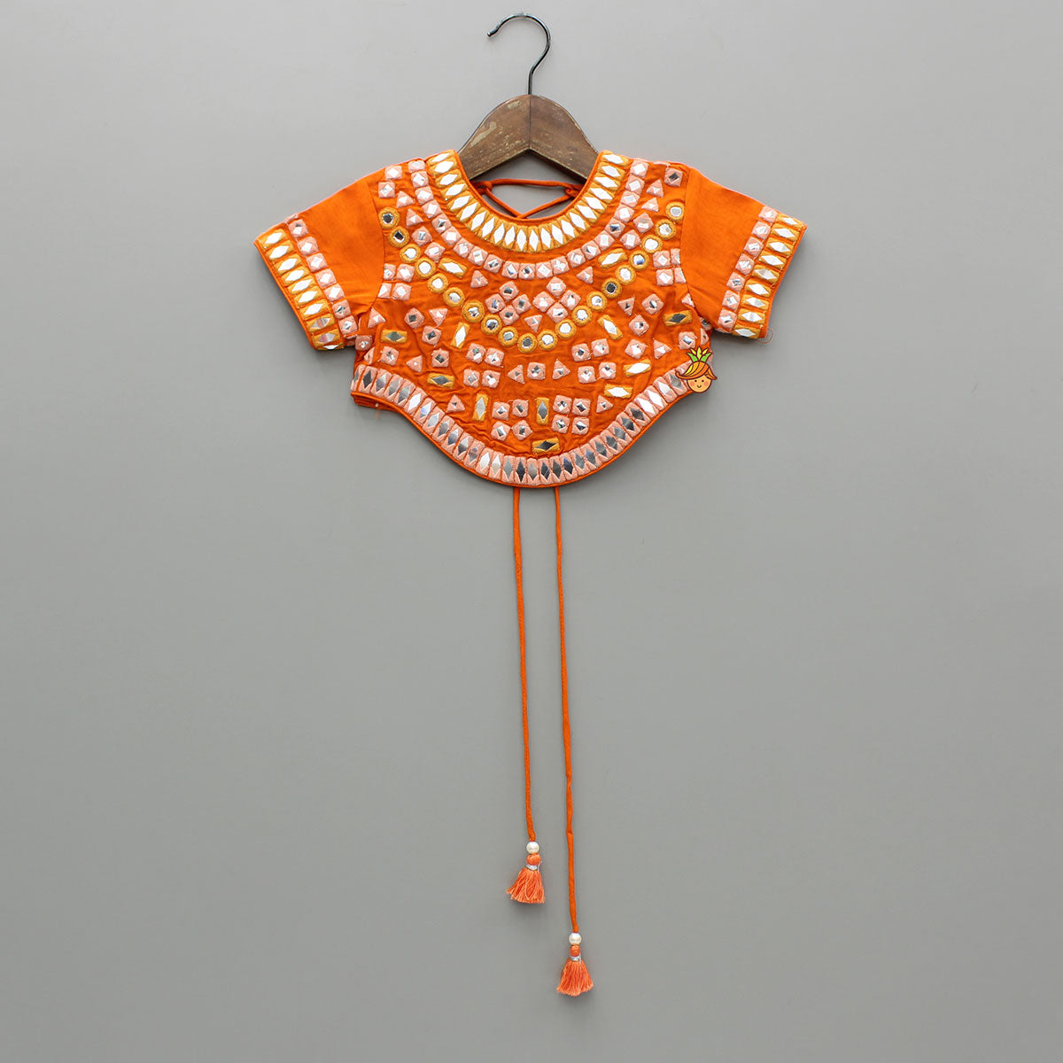 Pre Order: Orange Faux Mirror Embroidered Top And Lehenga