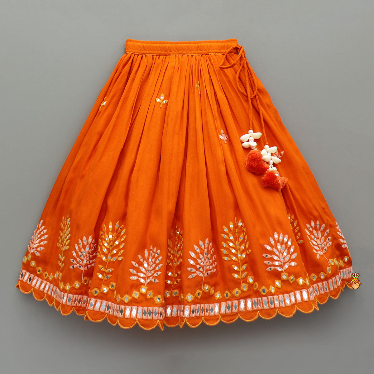 Pre Order: Orange Faux Mirror Embroidered Top And Lehenga
