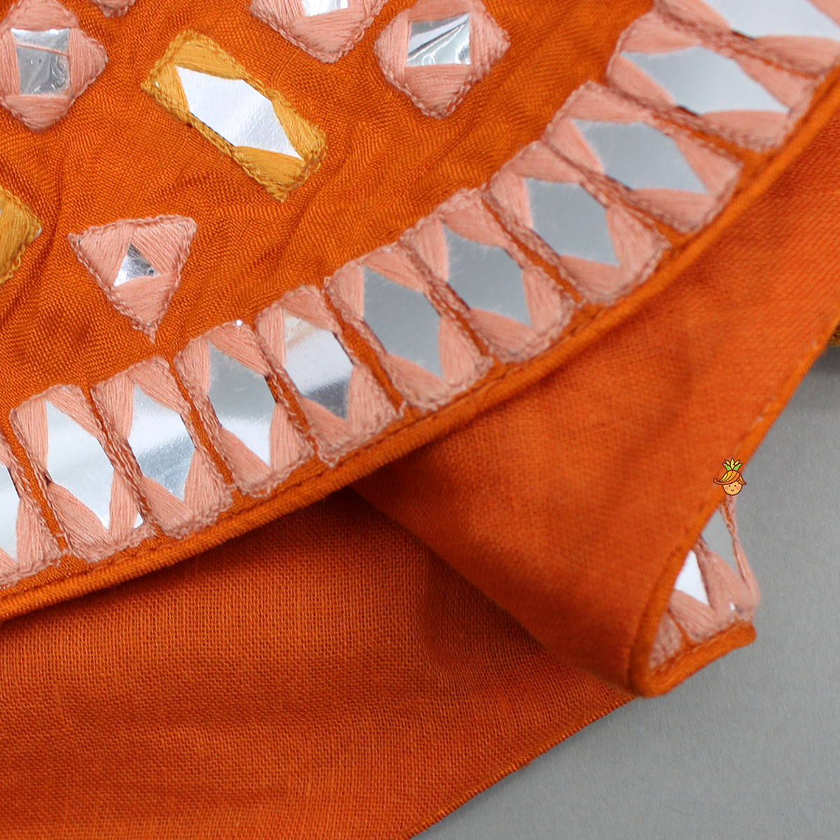 Pre Order: Orange Faux Mirror Embroidered Top And Lehenga