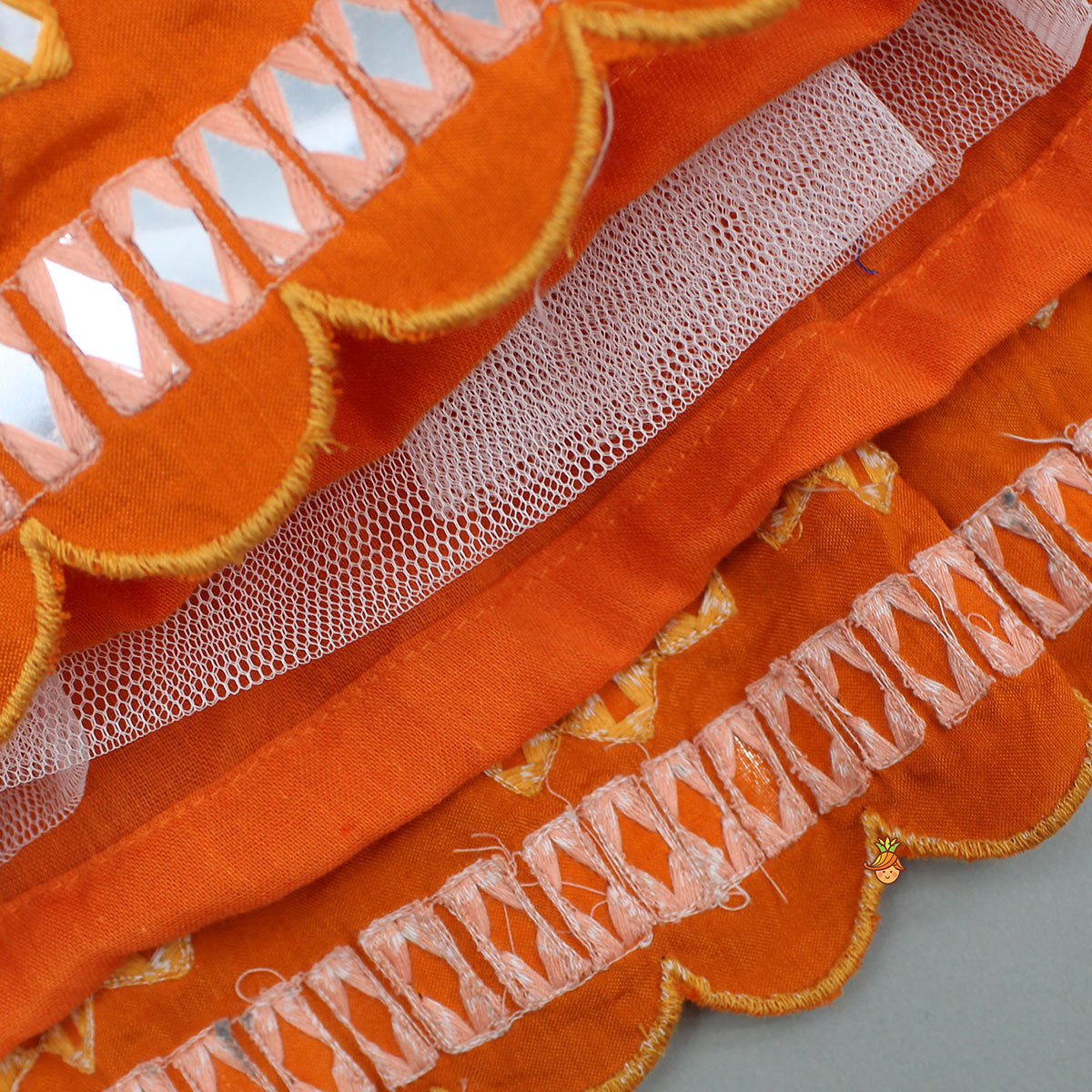 Pre Order: Orange Faux Mirror Embroidered Top And Lehenga