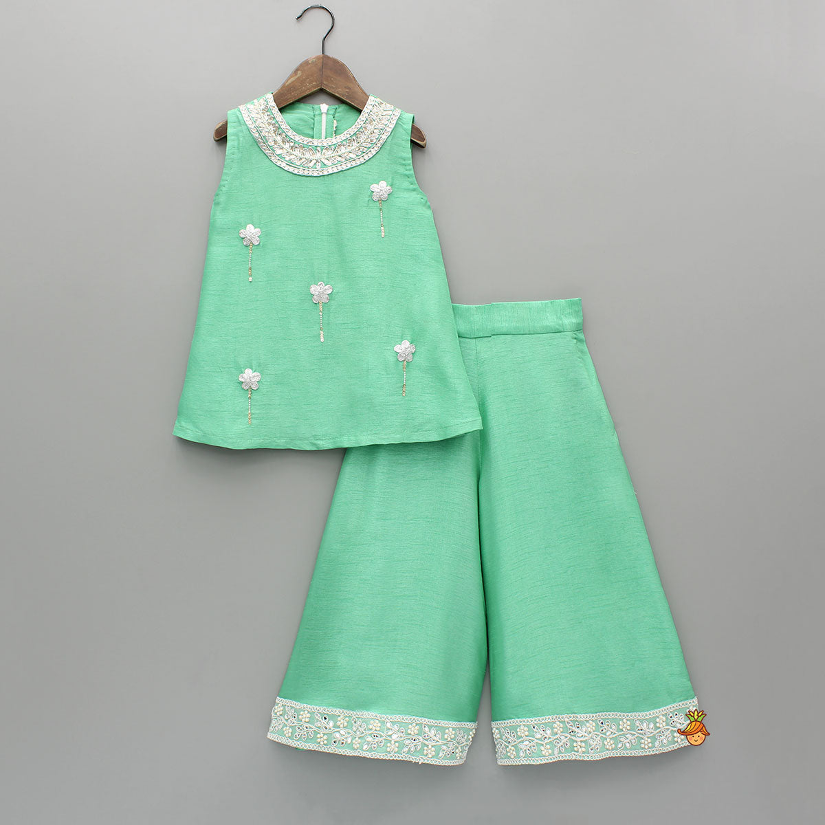 Pre Order: Green Embroidered Kurti And Flared Palazzo