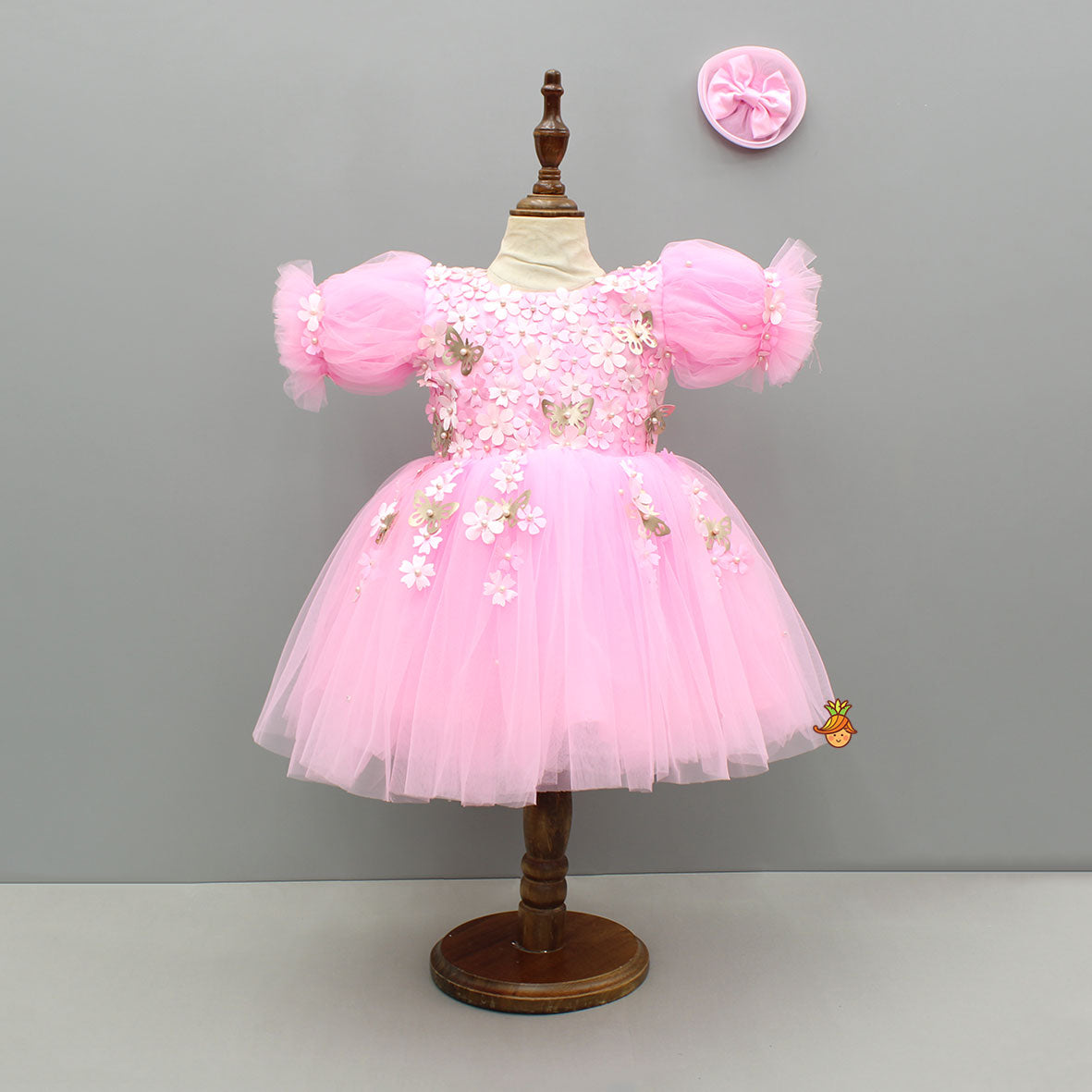 Pre Order: Pink Embellished Dress With Butterfly Wings And Swirled Bow Hairclip