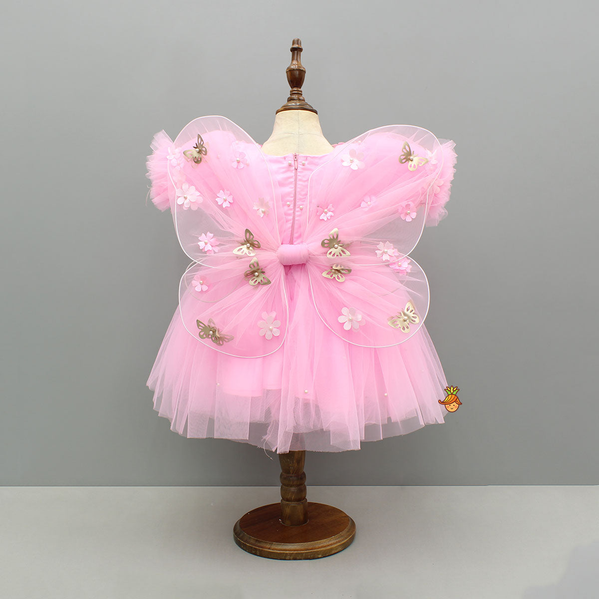 Pre Order: Pink Embellished Dress With Butterfly Wings And Swirled Bow Hairclip