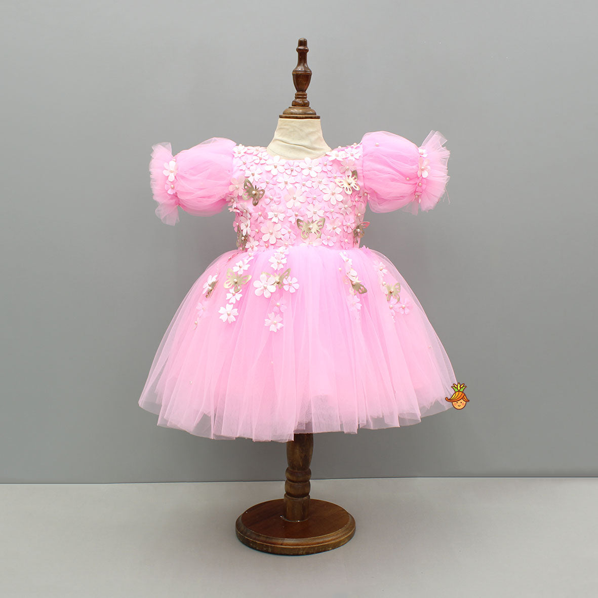 Pre Order: Pink Embellished Dress With Butterfly Wings And Swirled Bow Hairclip