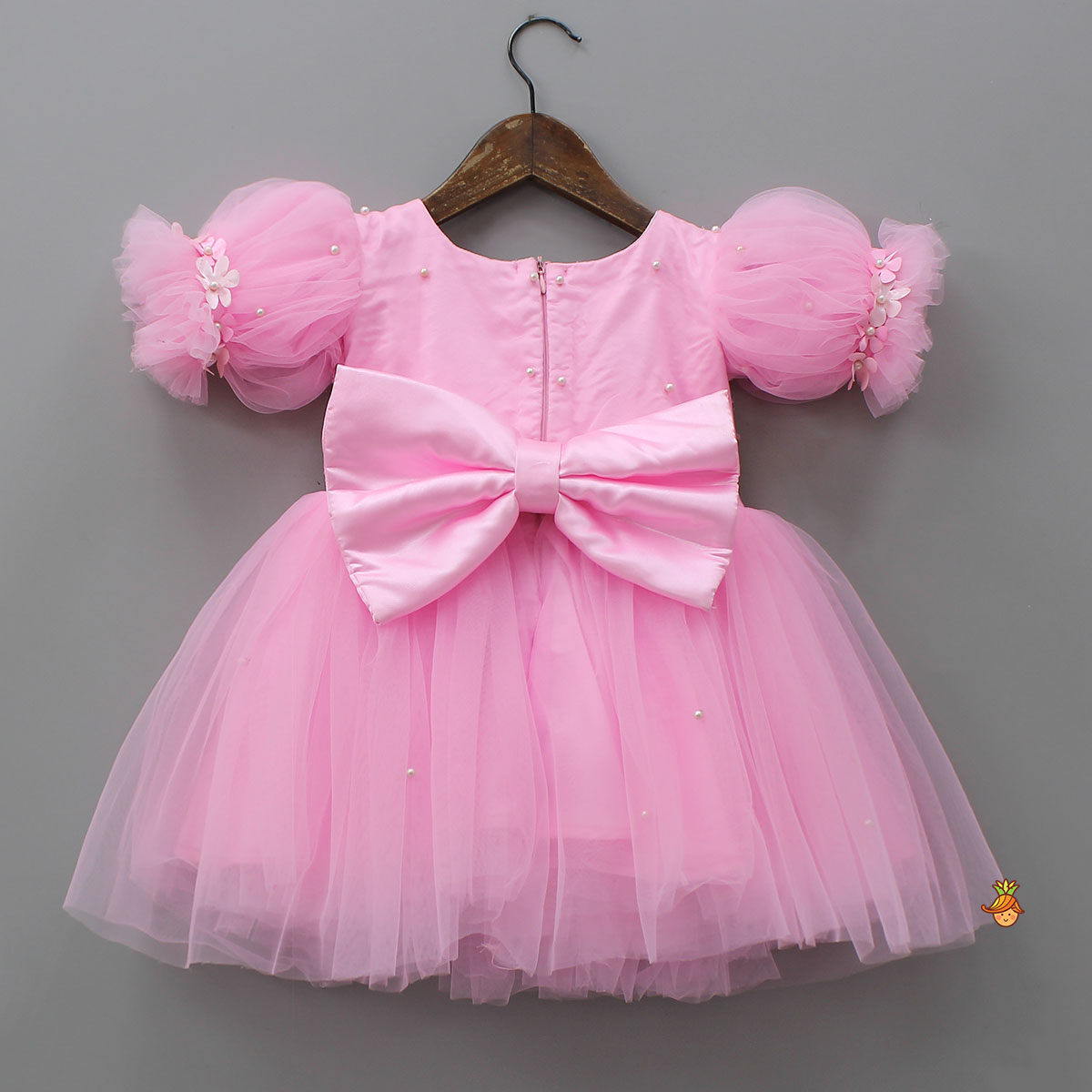 Pink Embellished Dress With Butterfly Wings And Swirled Bow Hairclip