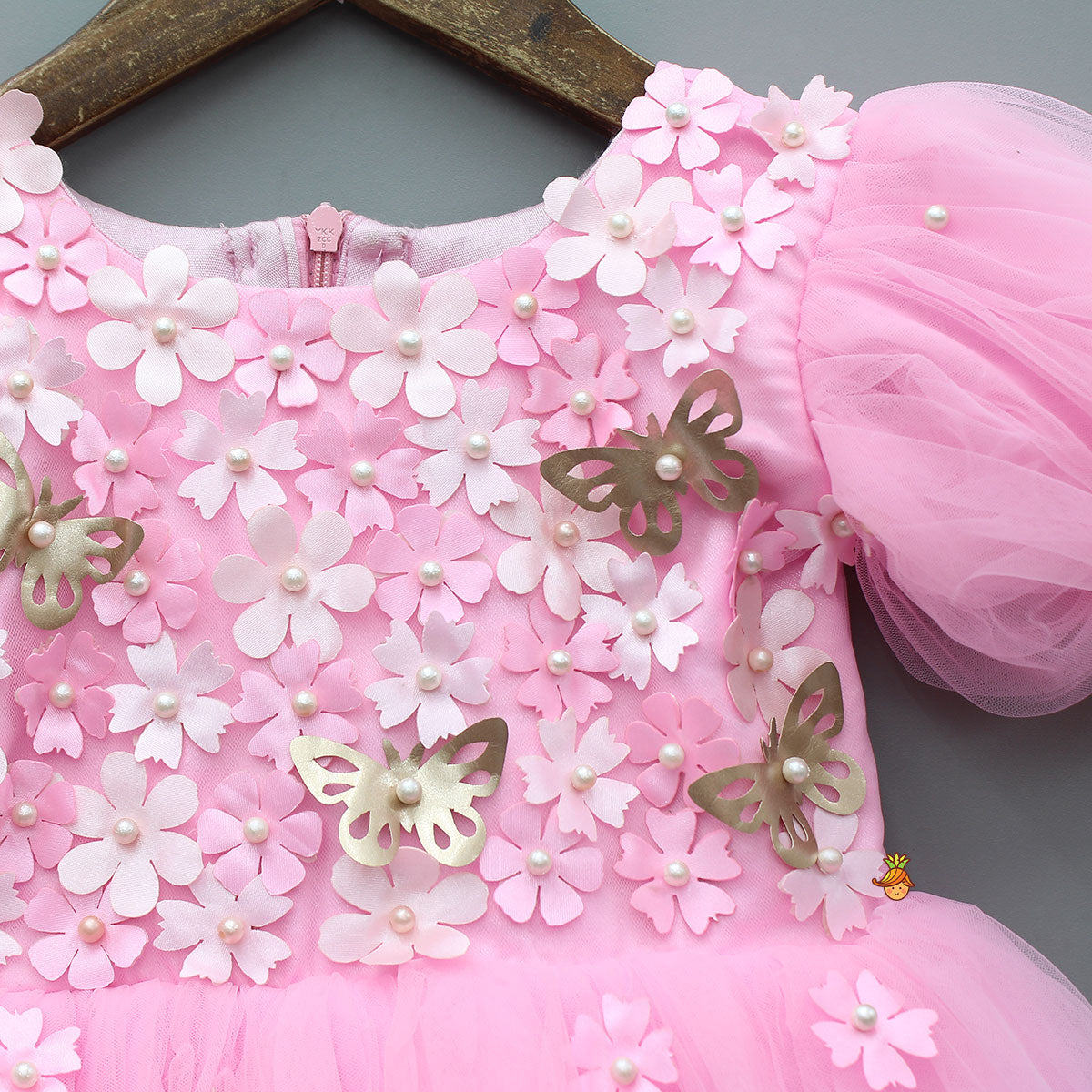 Pink Embellished Dress With Butterfly Wings And Swirled Bow Hairclip