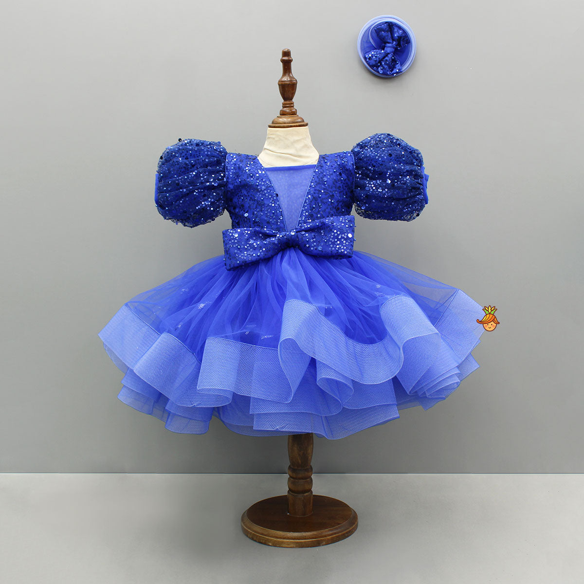 Pre Order: Sequined Ruffled Blue Dress With Bows And Matching Swirled Bow Hairclip