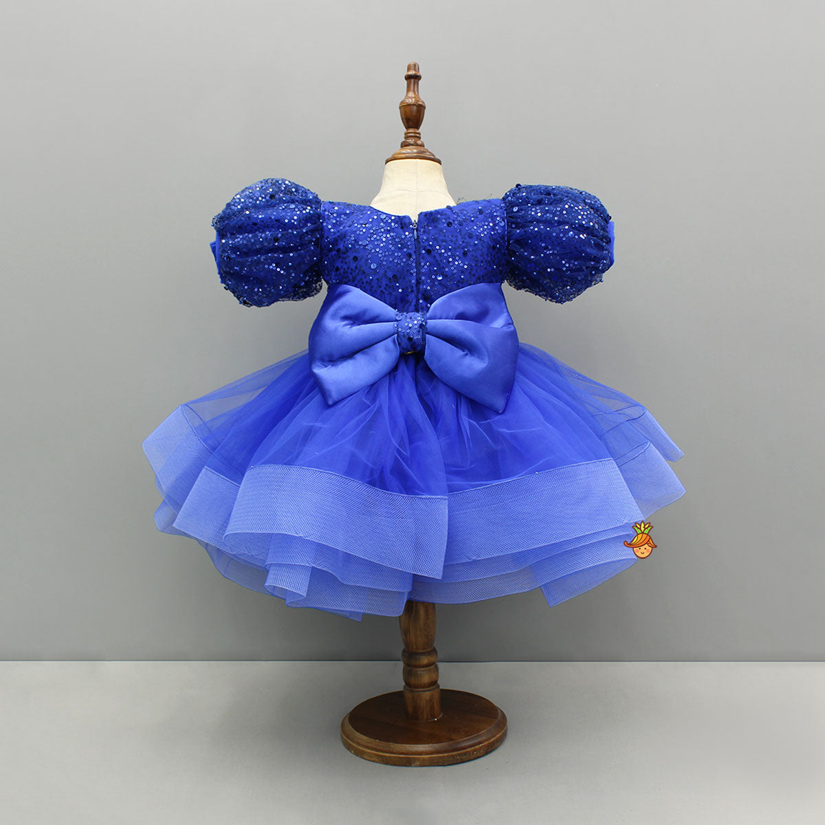 Pre Order: Sequined Ruffled Blue Dress With Bows And Matching Swirled Bow Hairclip