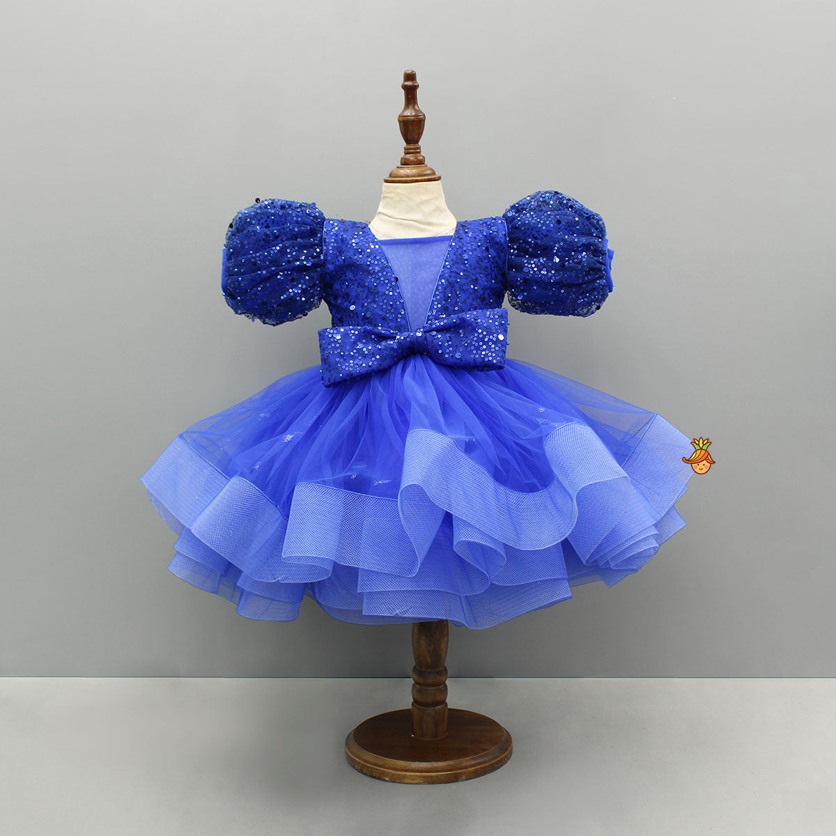 Pre Order: Sequined Ruffled Blue Dress With Bows And Matching Swirled Bow Hairclip