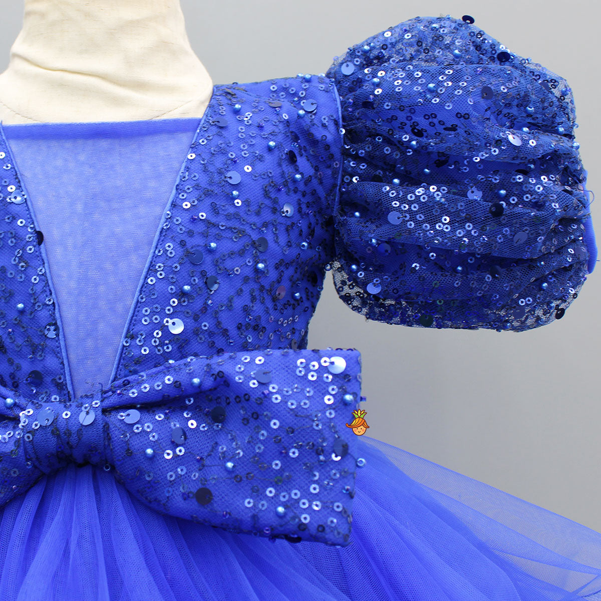 Pre Order: Sequined Ruffled Blue Dress With Bows And Matching Swirled Bow Hairclip