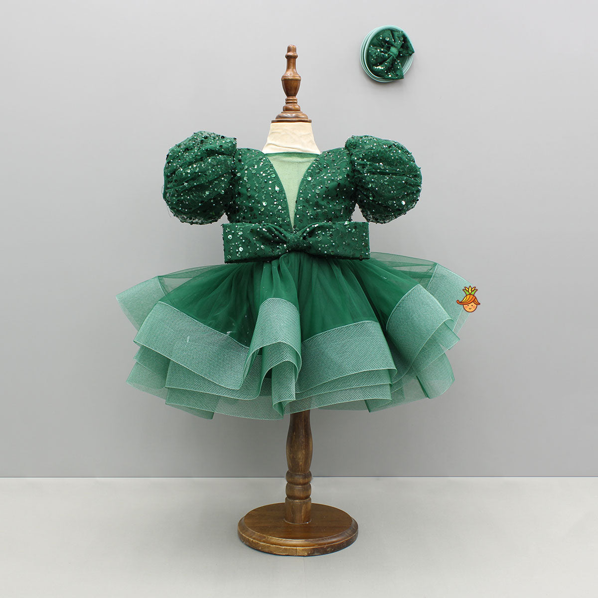 Pre Order: Green Sequined Ruffled Dress With Bows And Matching Swirled Bow Hairclip