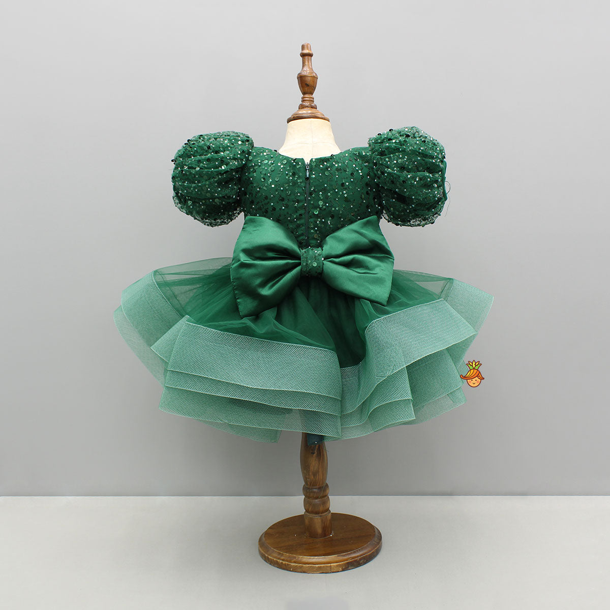 Pre Order: Green Sequined Ruffled Dress With Bows And Matching Swirled Bow Hairclip