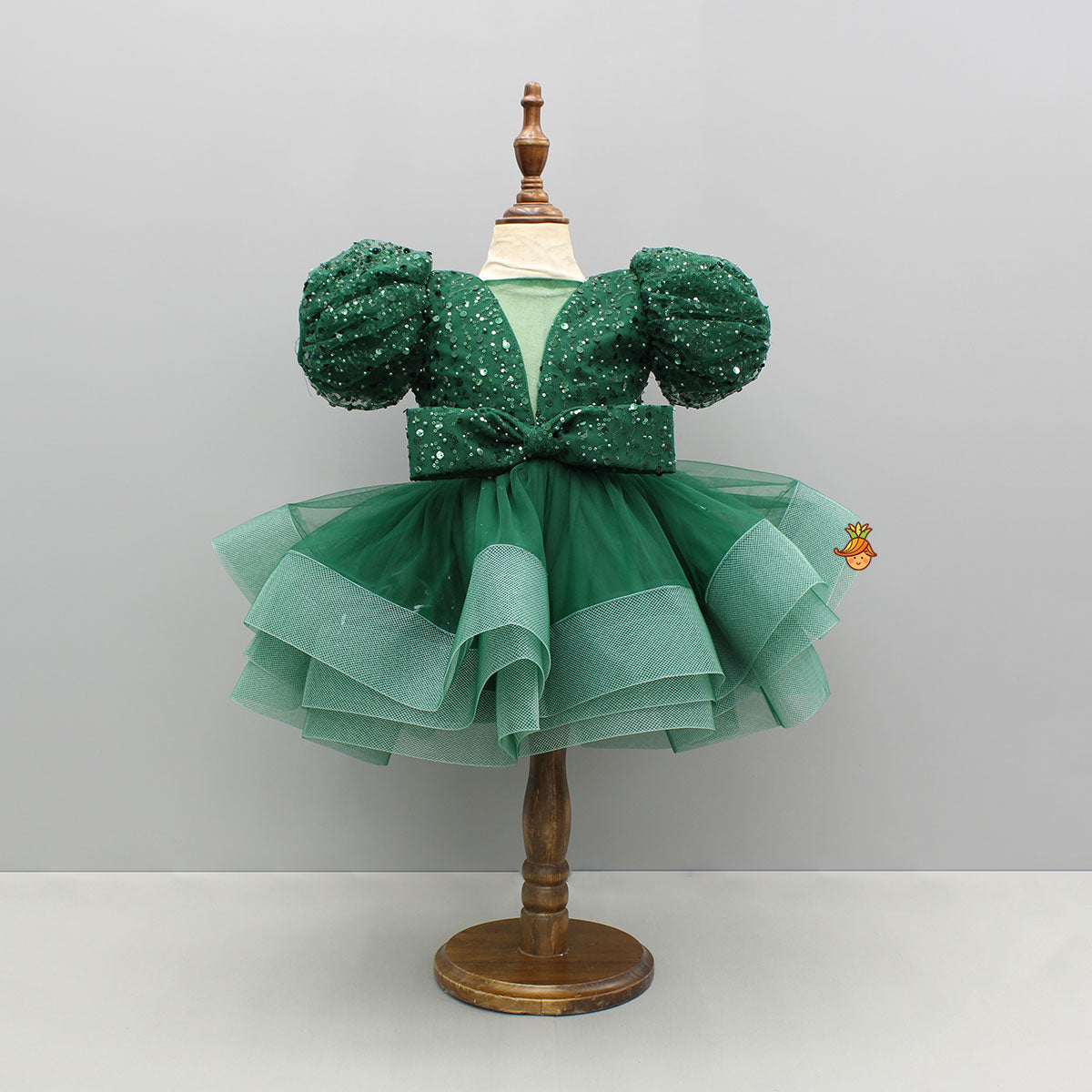 Pre Order: Green Sequined Ruffled Dress With Bows And Matching Swirled Bow Hairclip