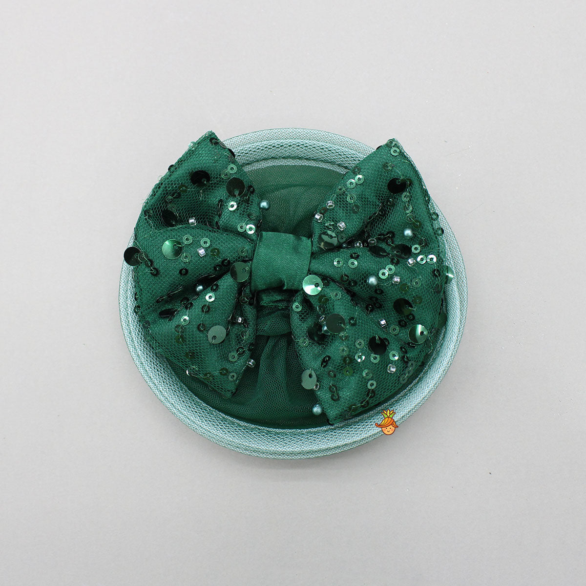 Pre Order: Green Sequined Ruffled Dress With Bows And Matching Swirled Bow Hairclip
