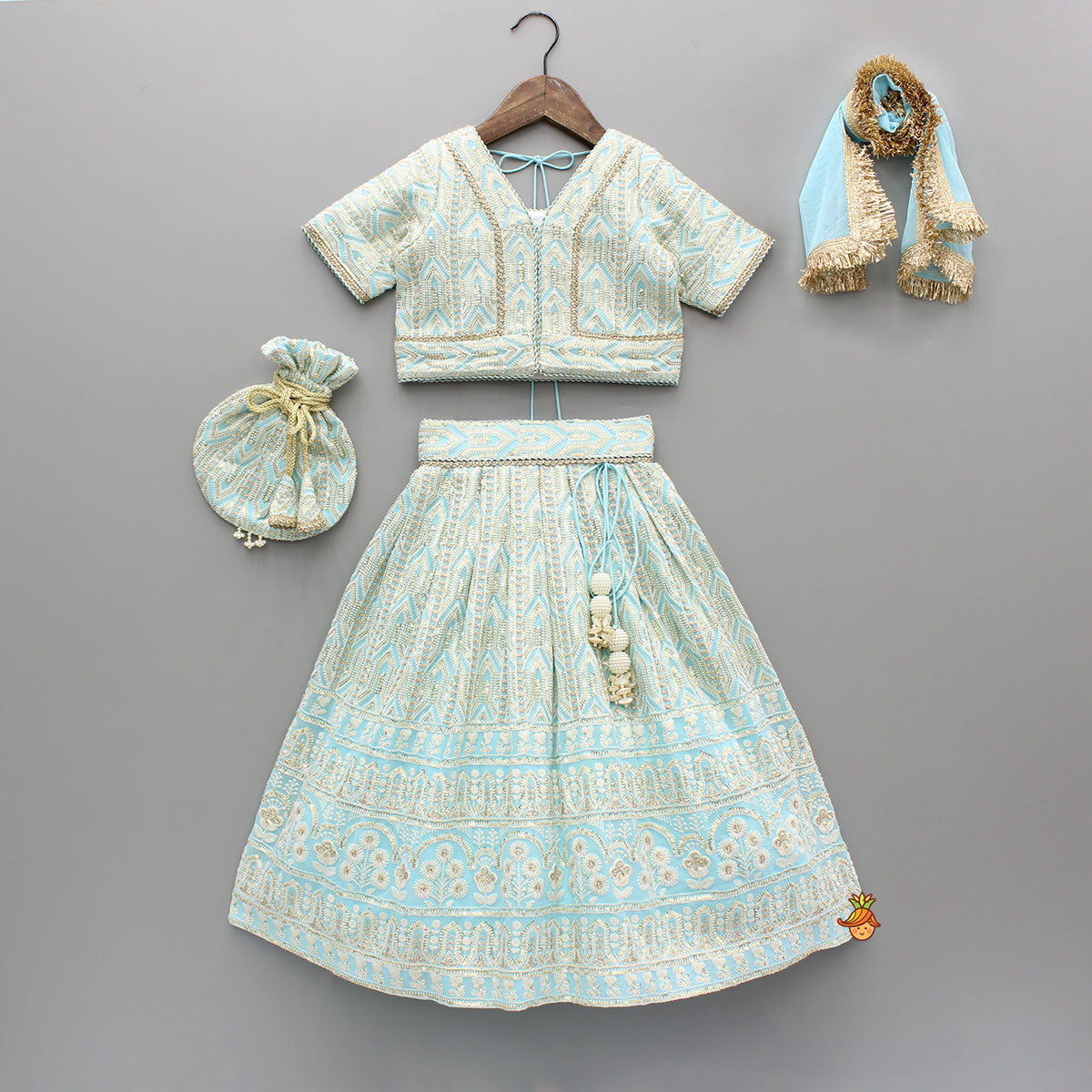 Pre Order: Blue Embroidered Top And Lehenga With Dupatta And Matching Potli Bag