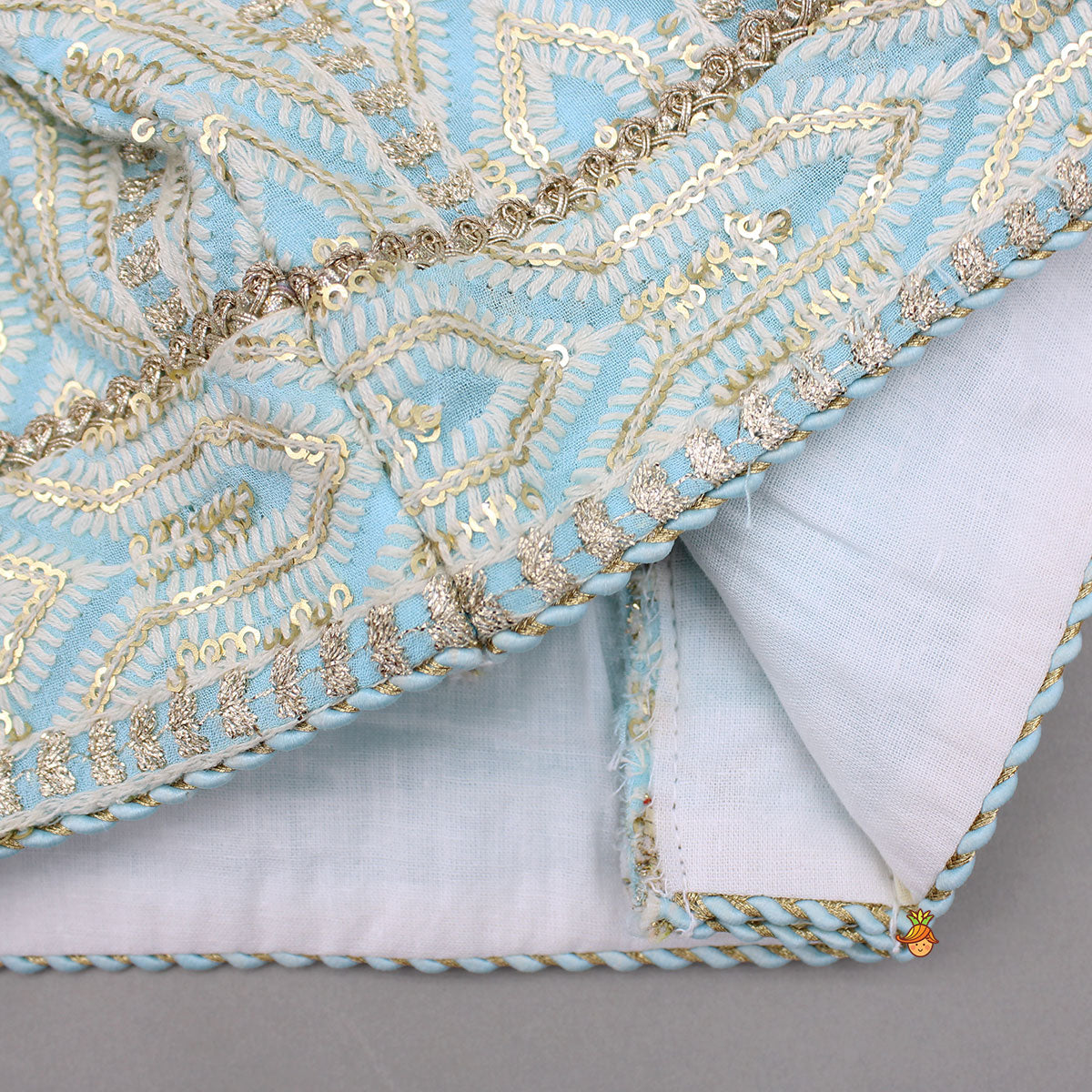 Pre Order: Blue Embroidered Top And Lehenga With Dupatta And Matching Potli Bag