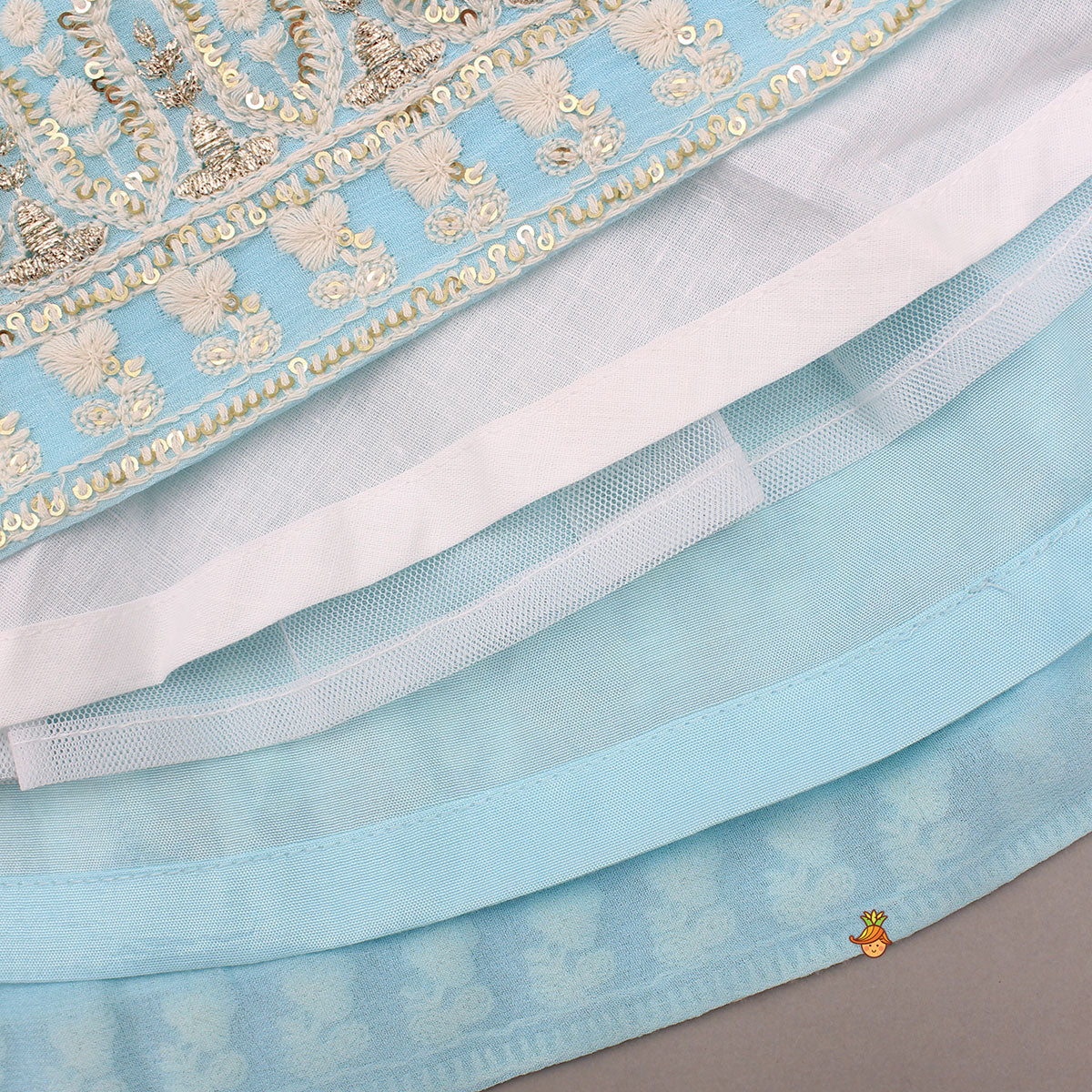 Pre Order: Blue Embroidered Top And Lehenga With Dupatta And Matching Potli Bag