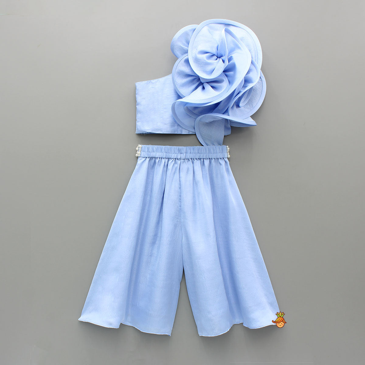 Pre Order: Blue Swirled Flower Embellished One Shoulder Top And Flared Palazzo
