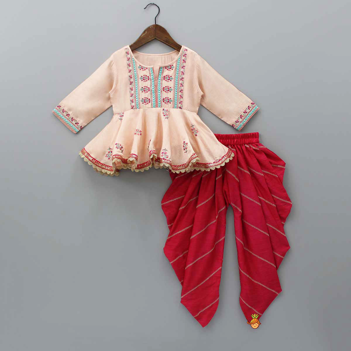 Peach Thread Embroidered Top With Pleated Dhoti