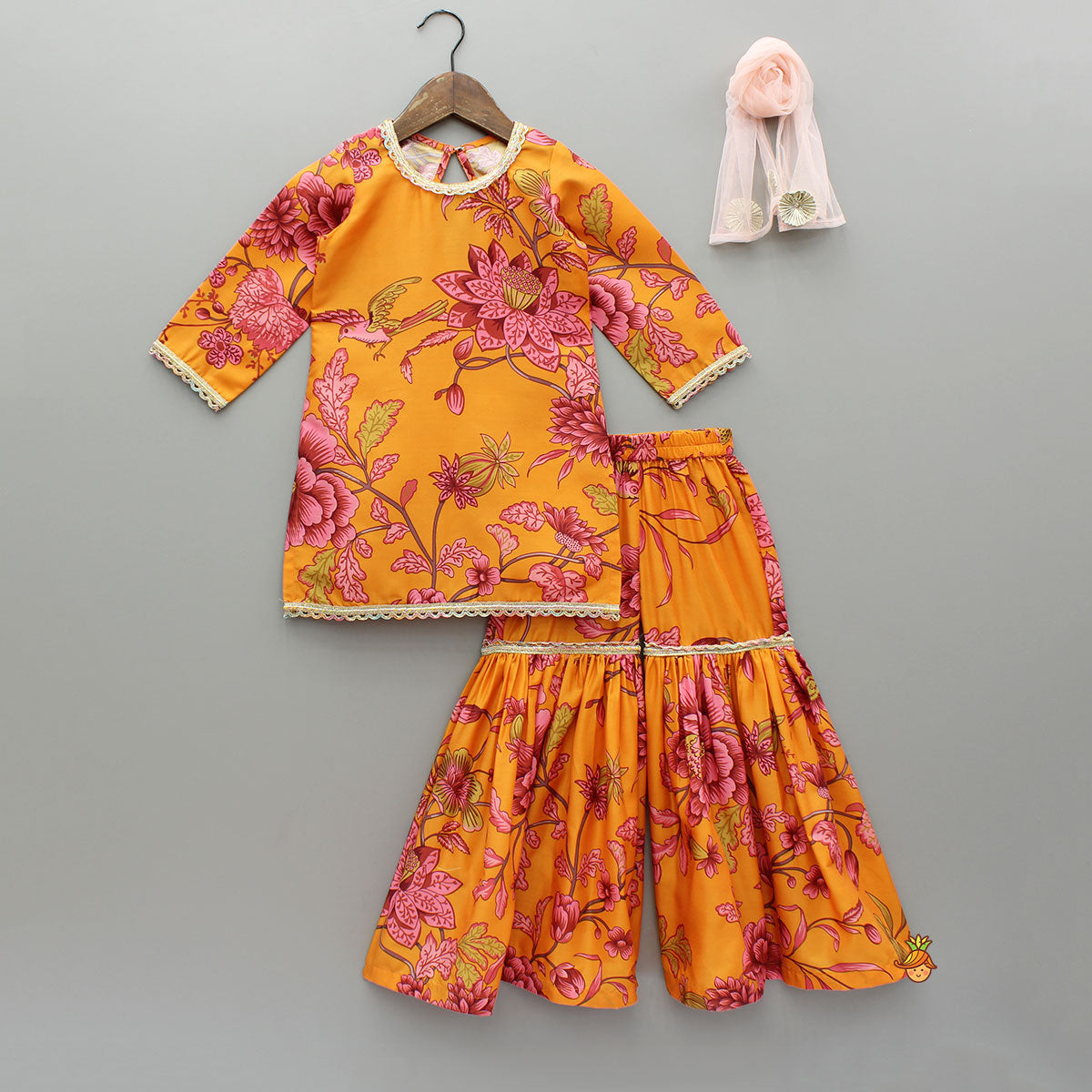 Pre Order: Floral Printed Kurti And Sharara With Dupatta