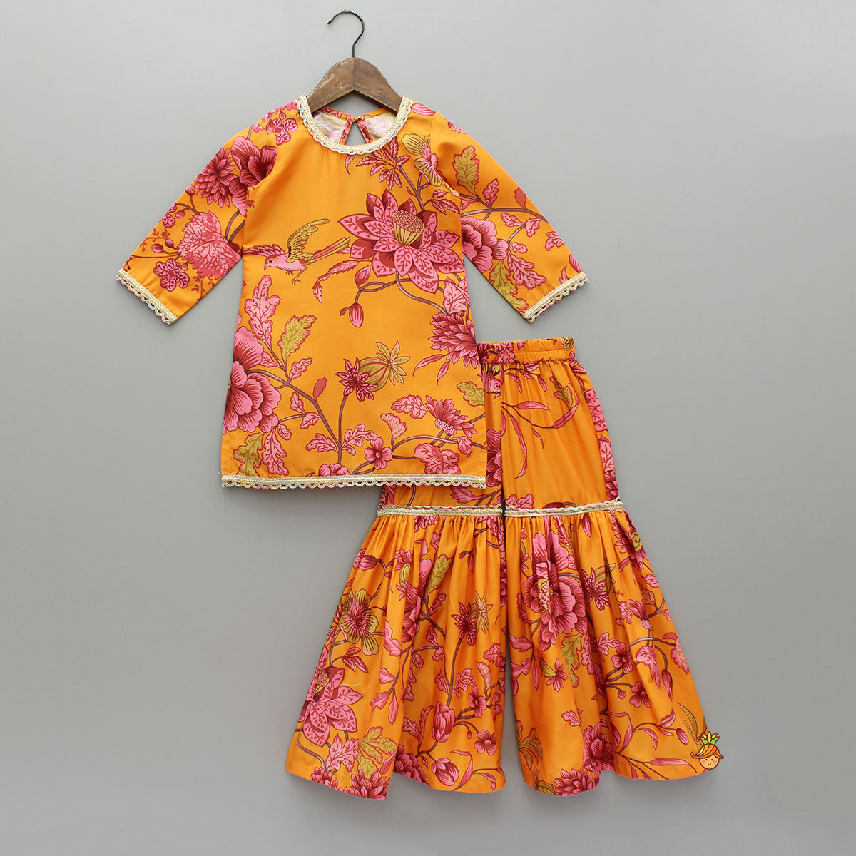 Pre Order: Floral Printed Kurti And Sharara With Dupatta