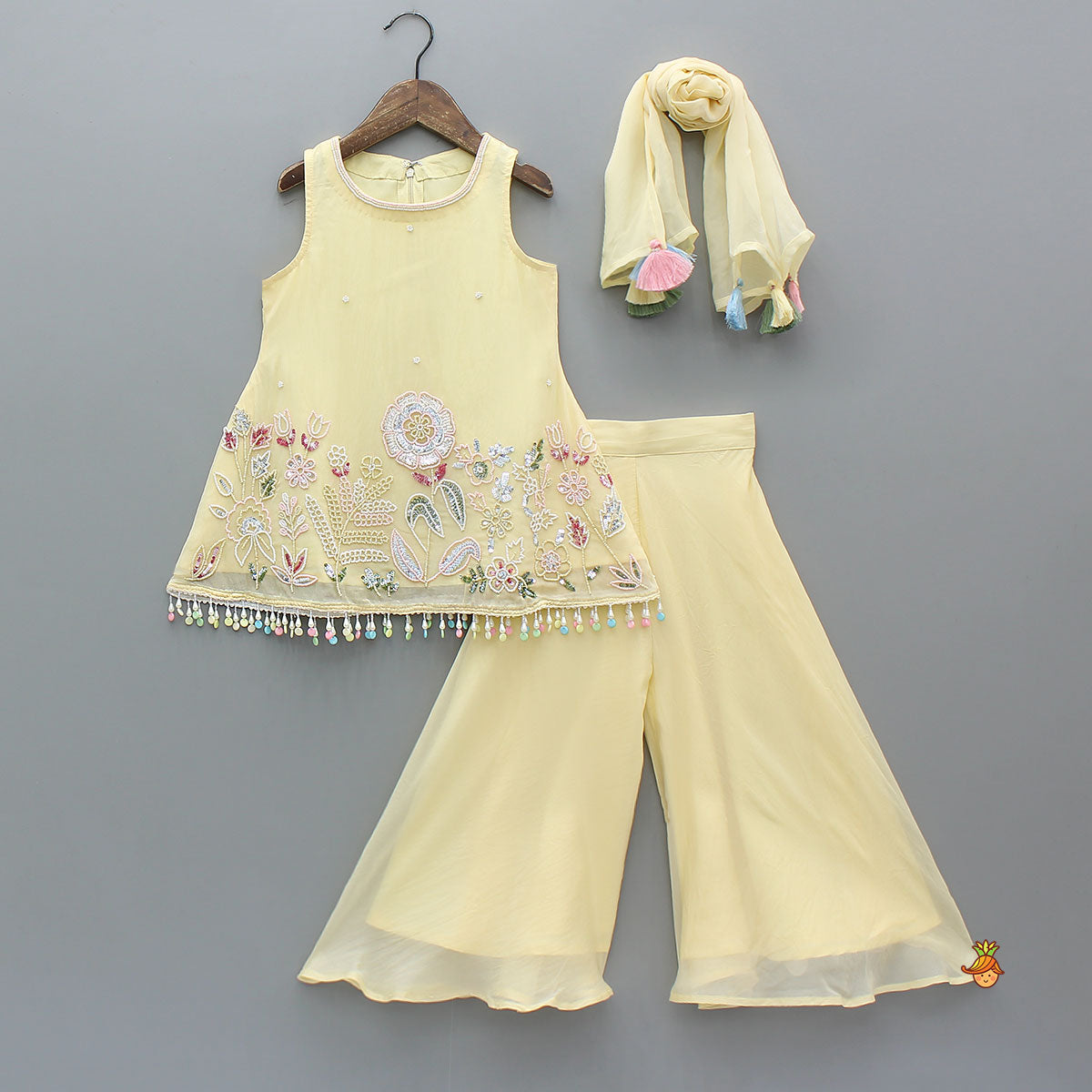 Pre Order: Yellow Sleeveless Floral Embroidered Kurti With Flared Palazzo And Dupatta