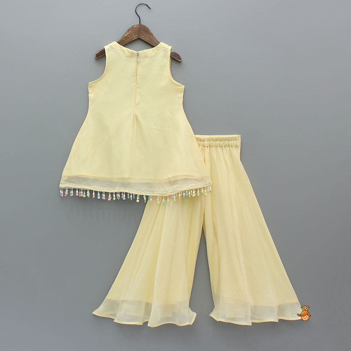 Pre Order: Yellow Sleeveless Floral Embroidered Kurti With Flared Palazzo And Dupatta