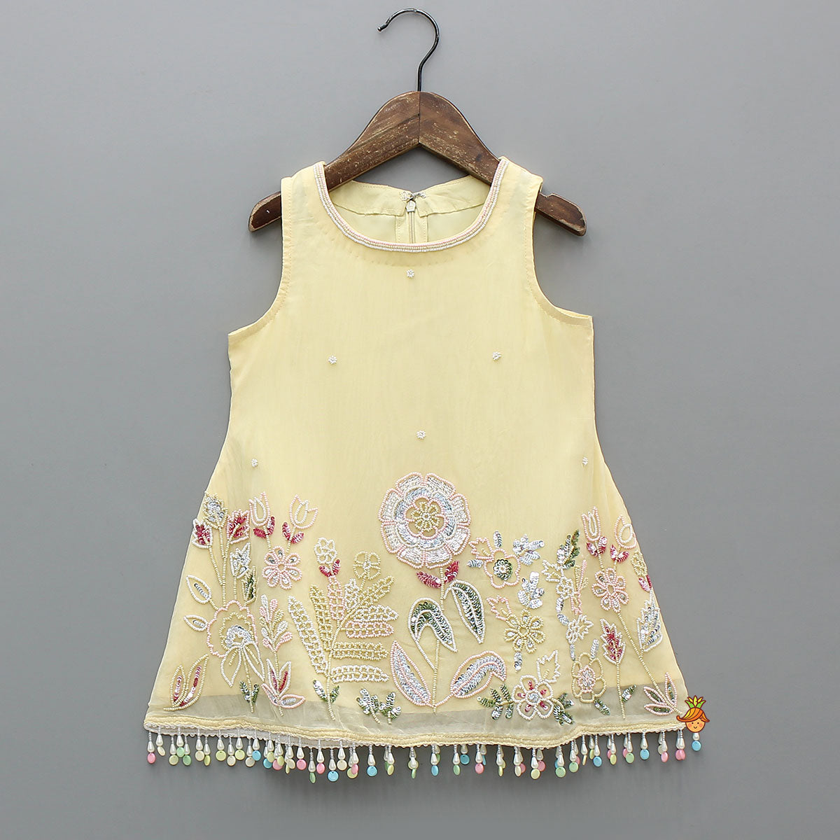 Pre Order: Yellow Sleeveless Floral Embroidered Kurti With Flared Palazzo And Dupatta